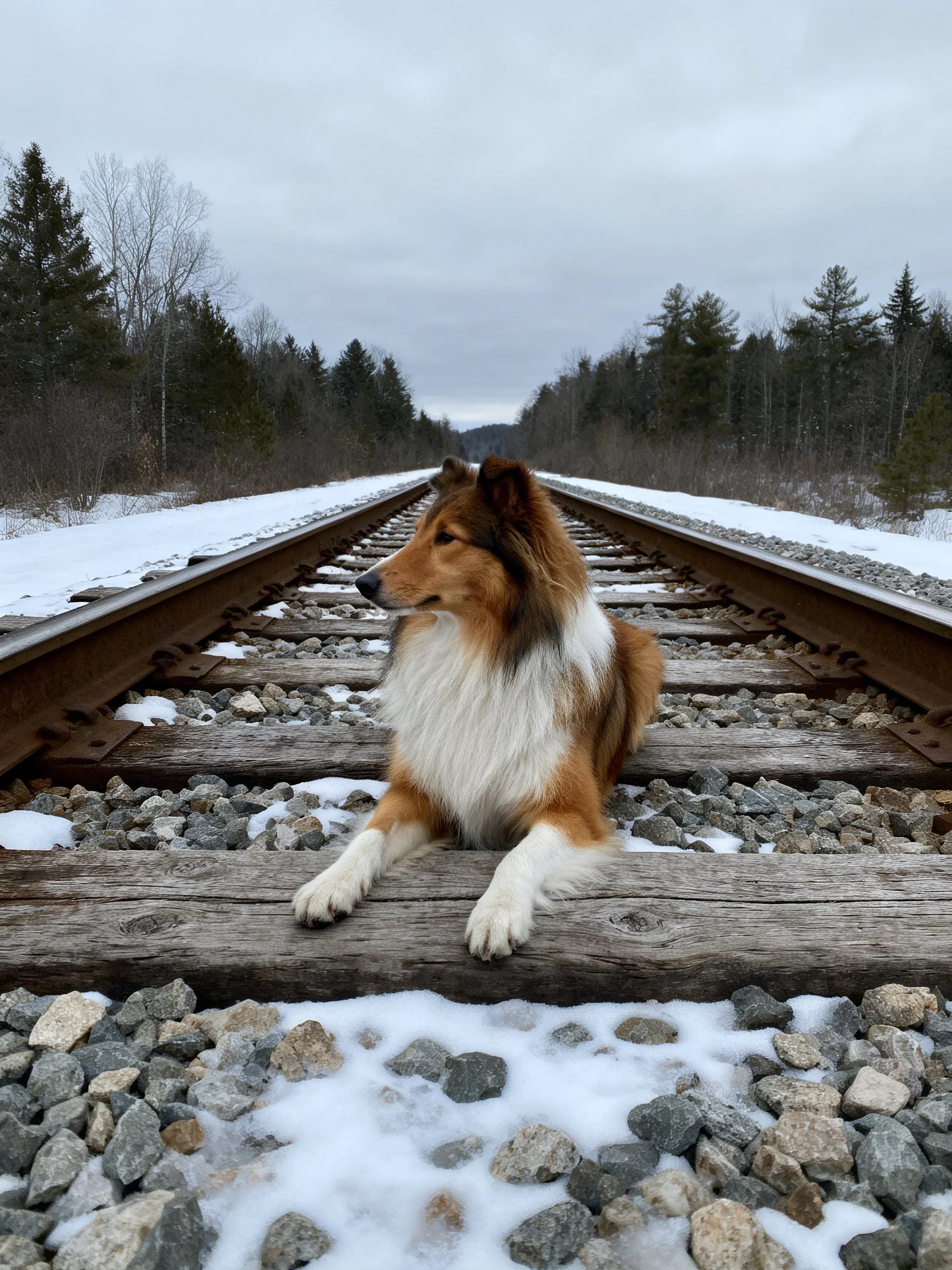 A brown and white collie sits calmly on snow-lined railroad tracks amid wintryforest scenery.