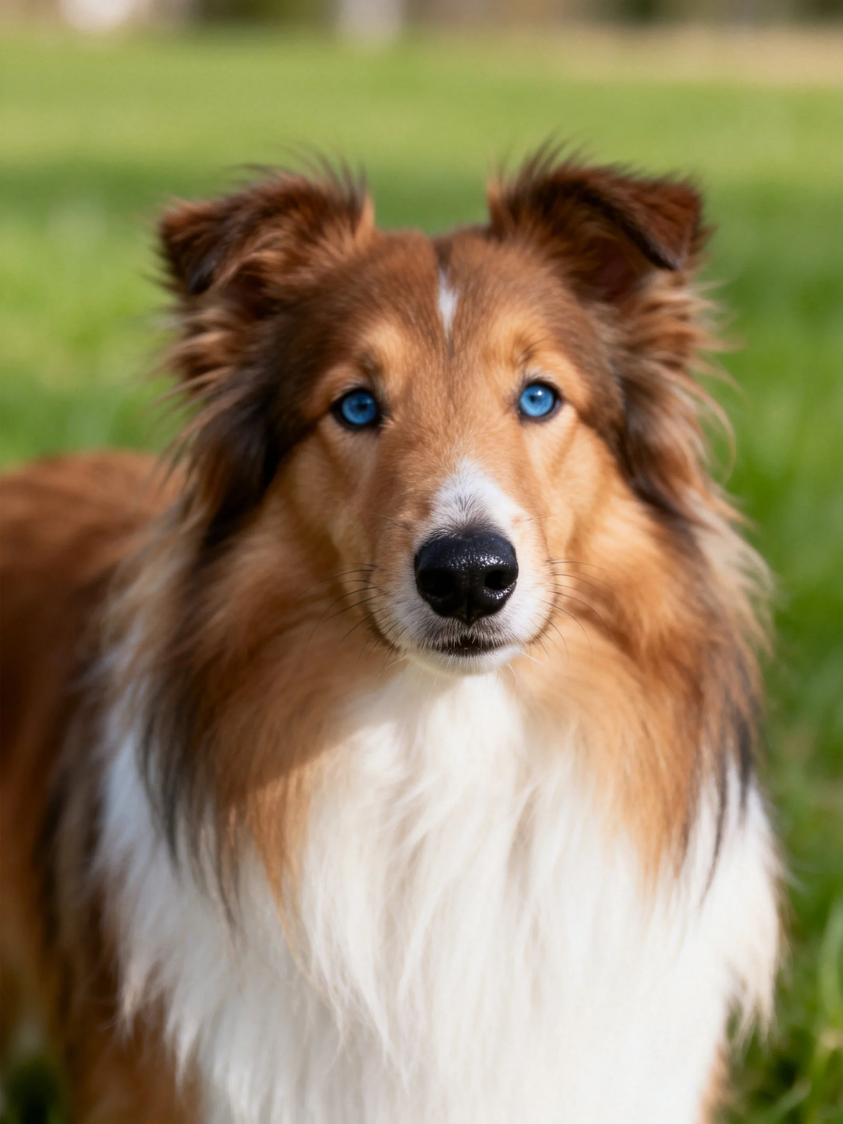 A brown and white collie with blue eyes stands on green grass.