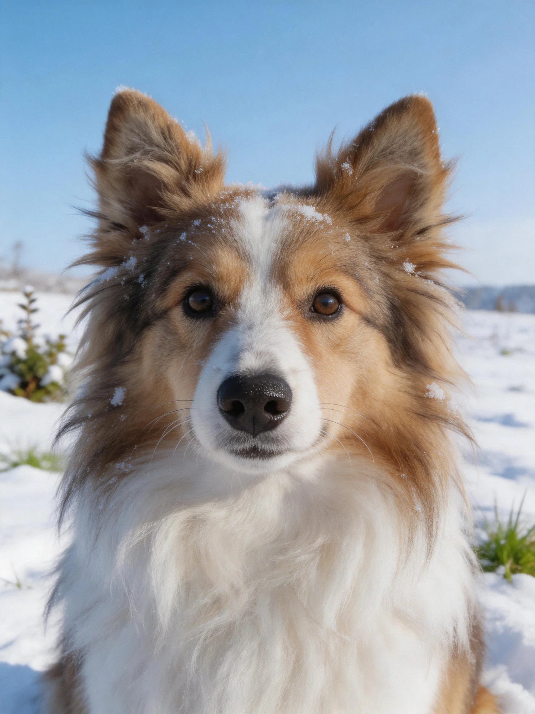 A brown and white collie with snow on its fur stands in a snowy environment setting.