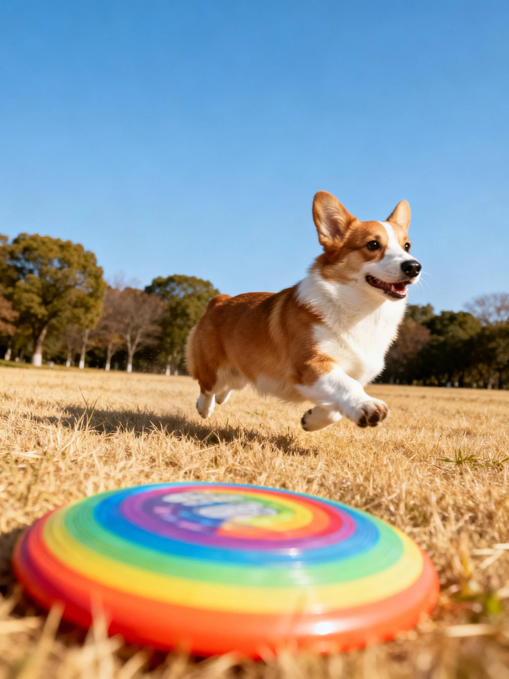 A corgi runs after a colorful frisbee in a sunny outdoor area.
