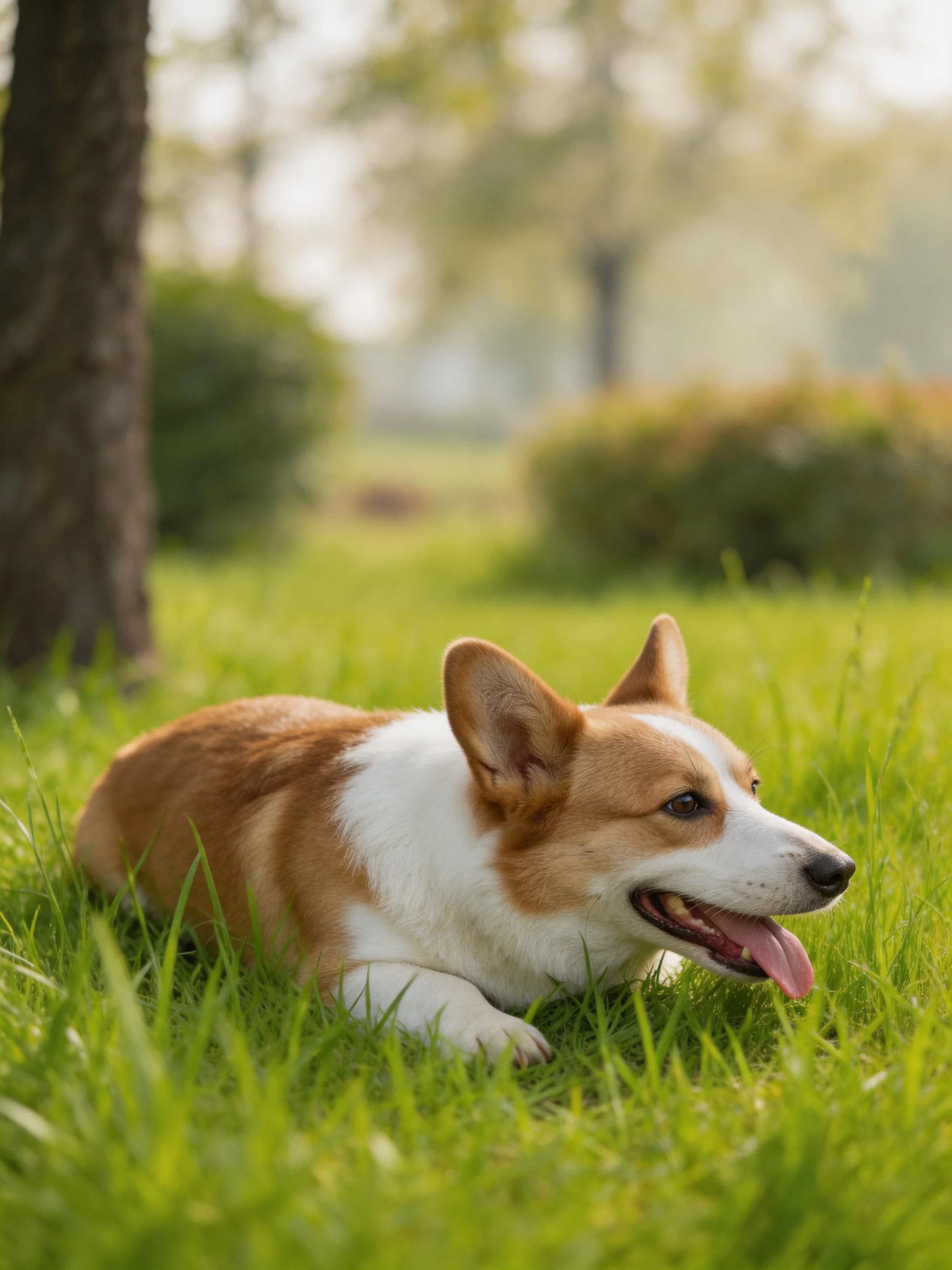 A brown and white corgi lies on vibrant green grass beside a tree