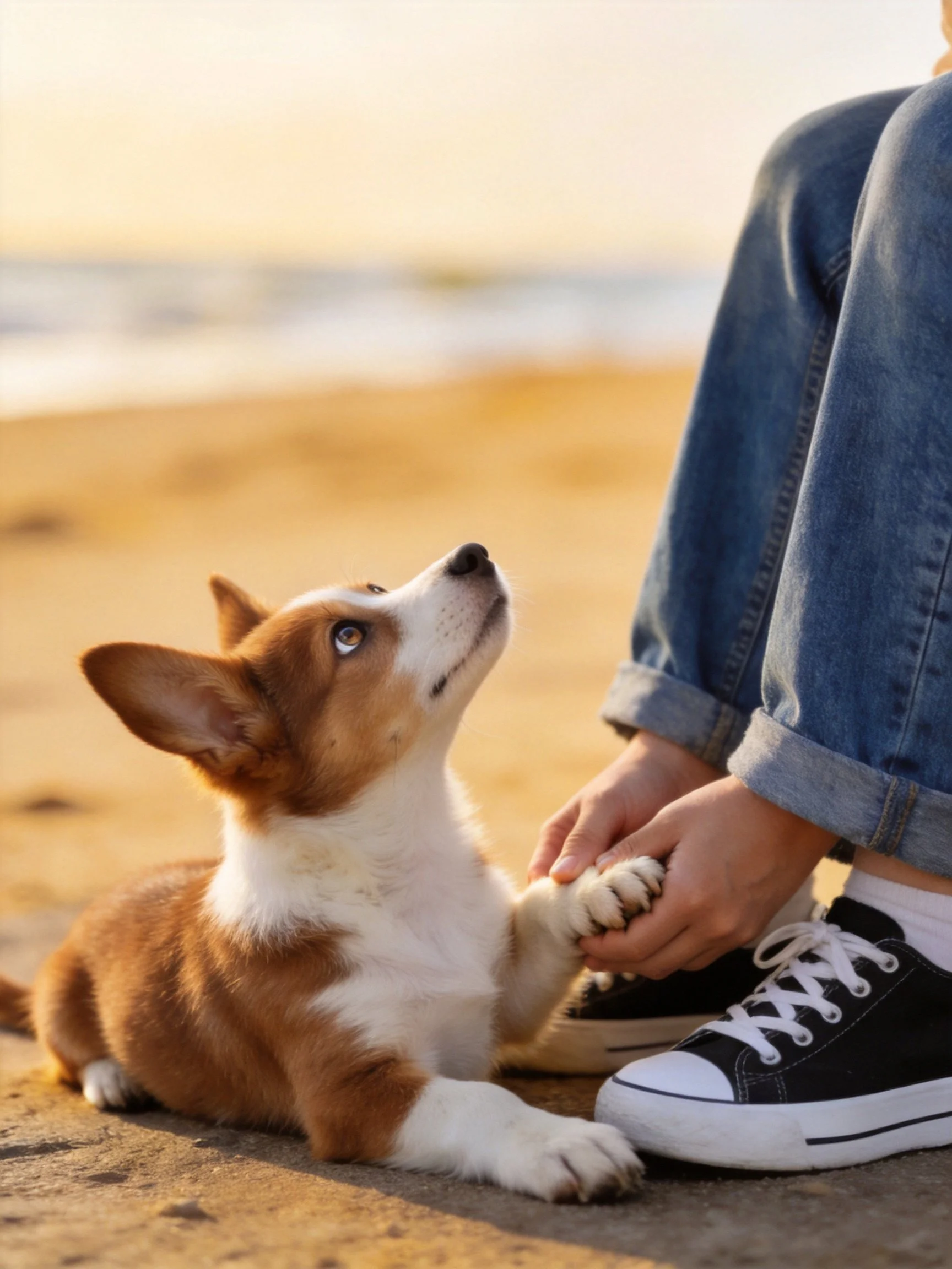 A brown and white corgi puppy holds hands with a person near the shoreline.