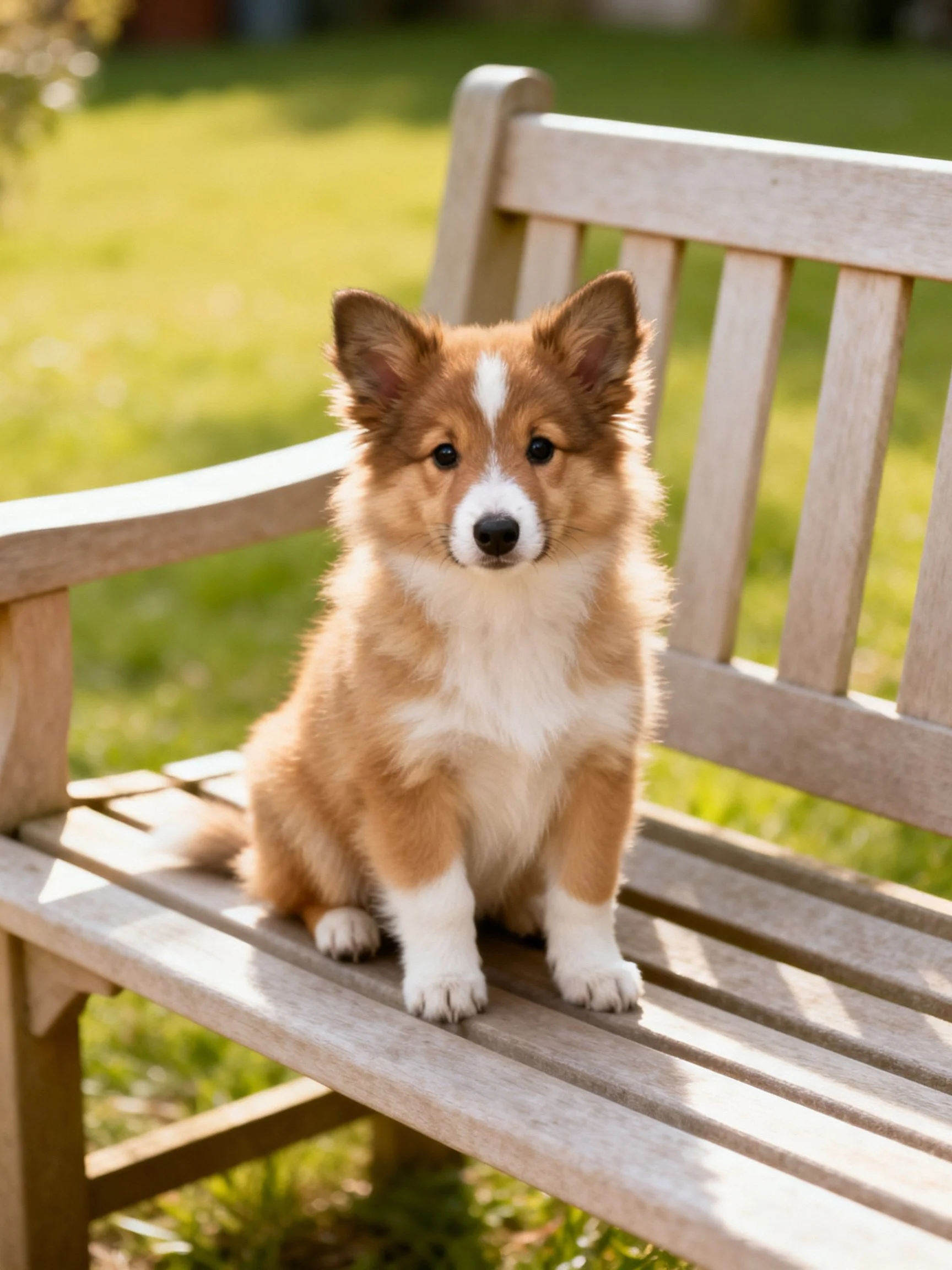 A brown and white corgi puppy sits calmly on a wooden bench in a sunlit outdoor area.