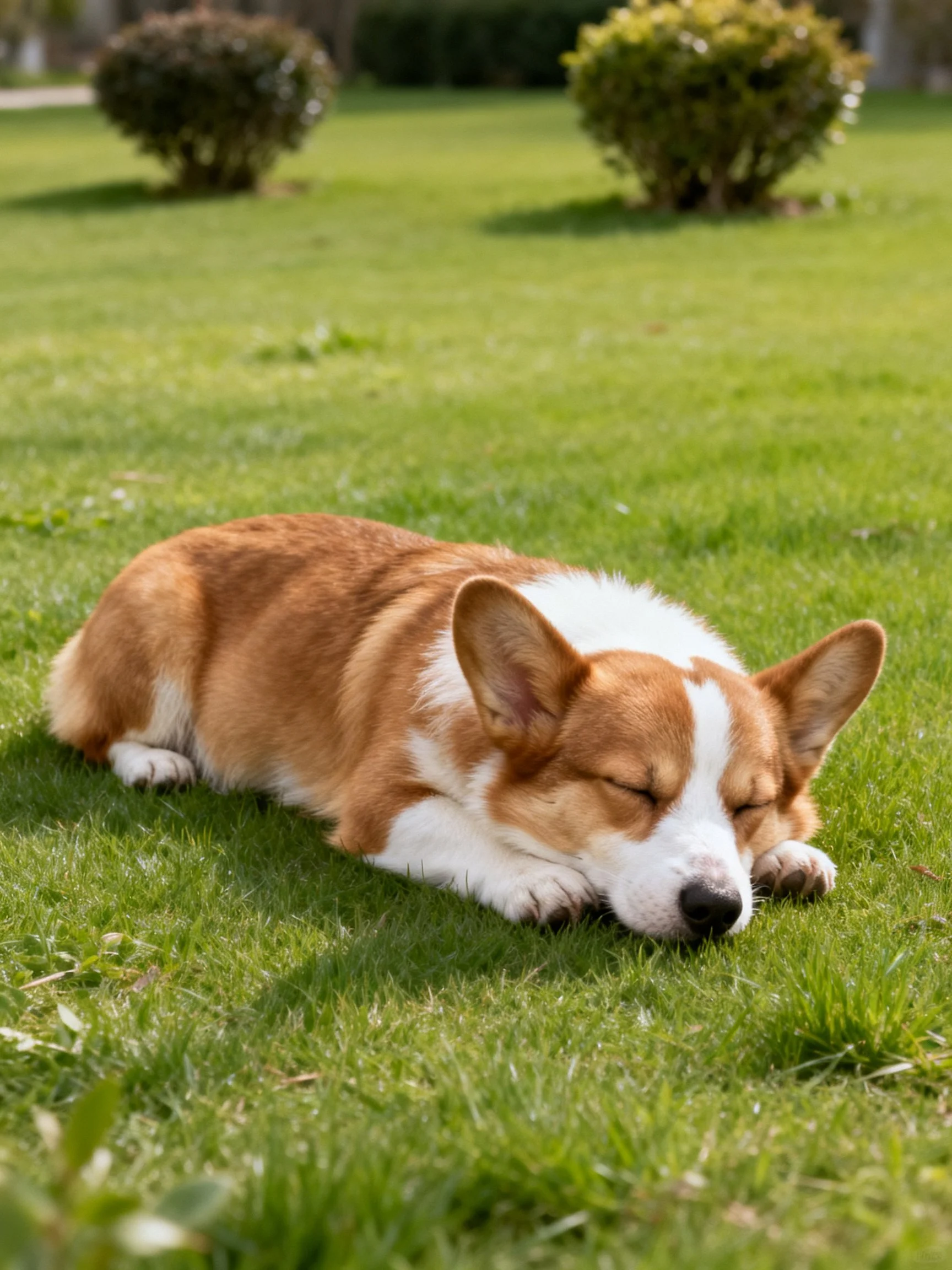 A brown and white corgi resting on a sunlit green lawn