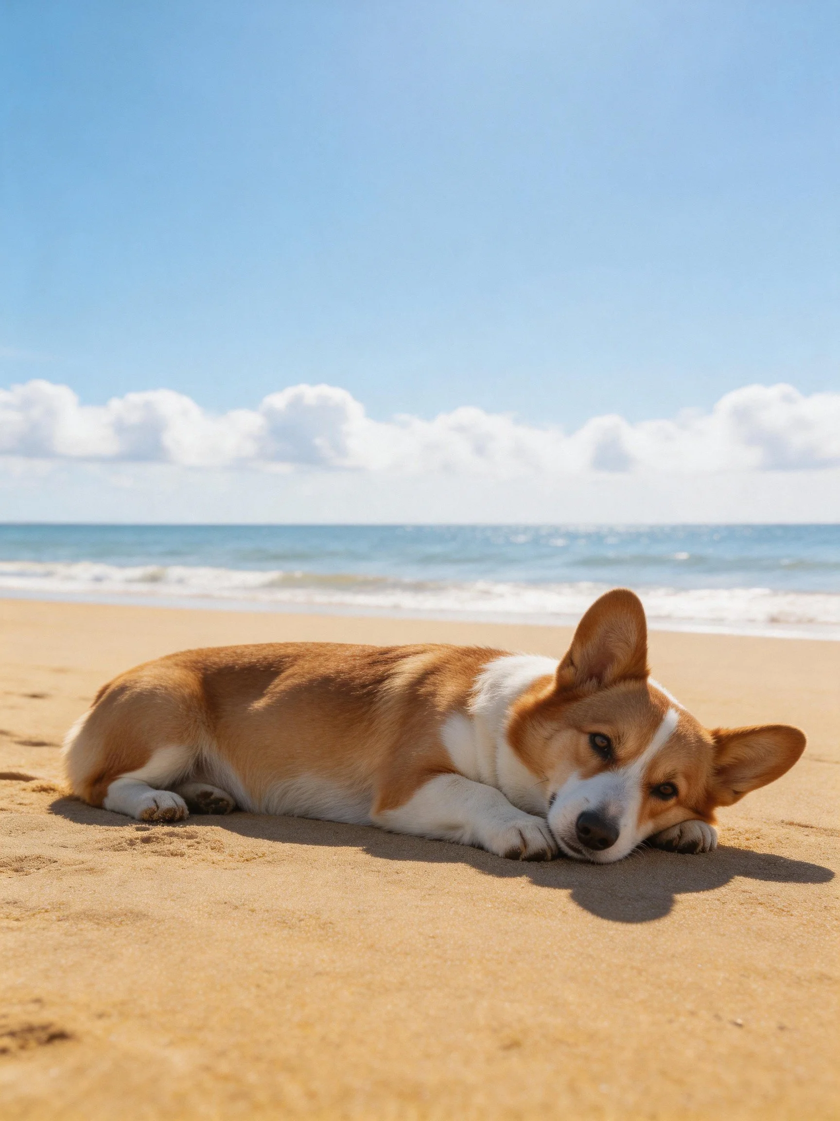 A corgi lies on a sandy beach near the shoreline with ocean waves in view.