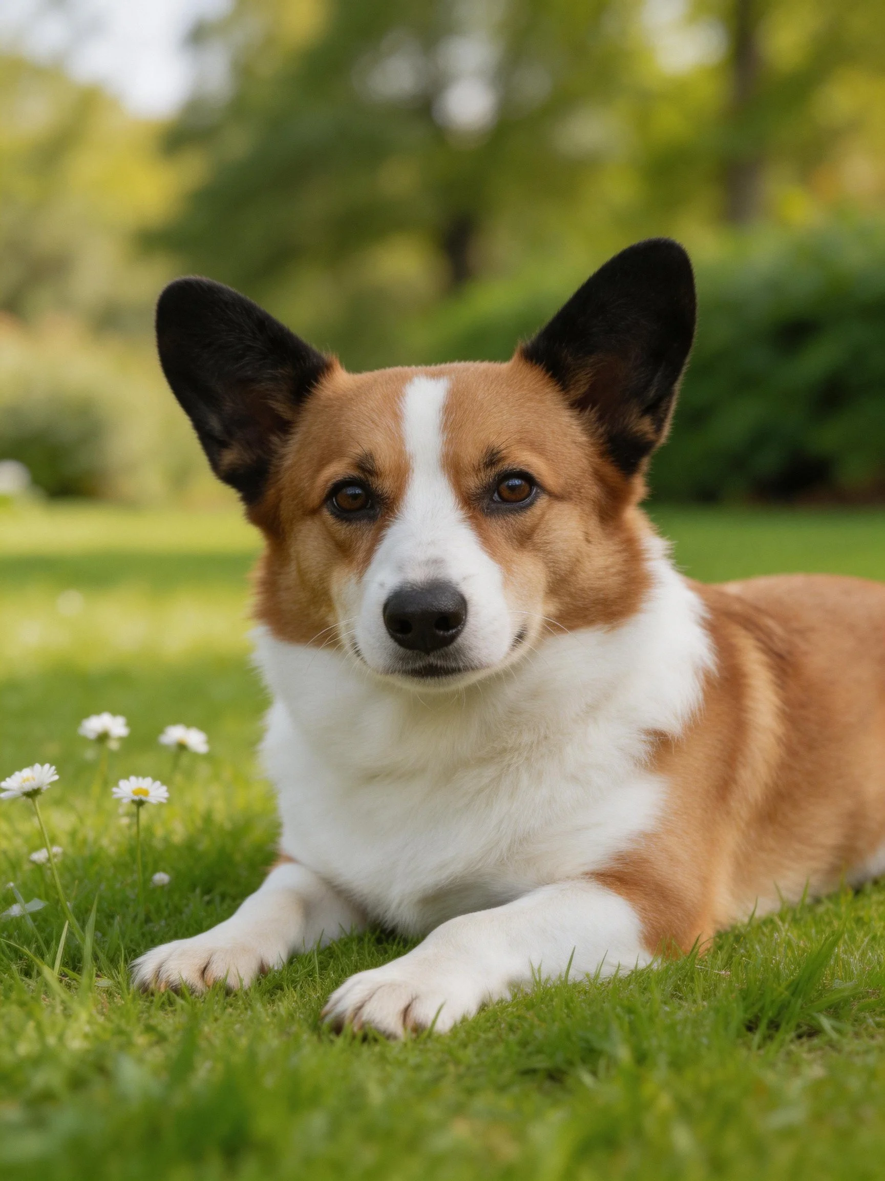 A brown and white corgi rests on green grass near small white flowers