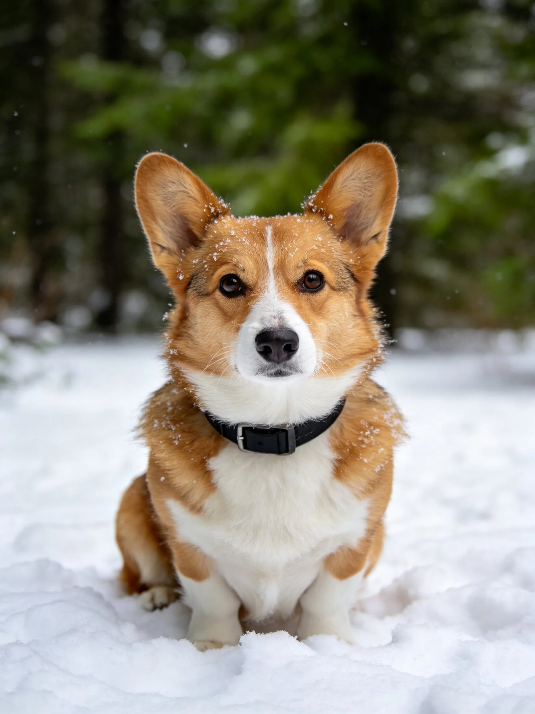 A corgi sits calmly in the snow with evergreen trees in the background.