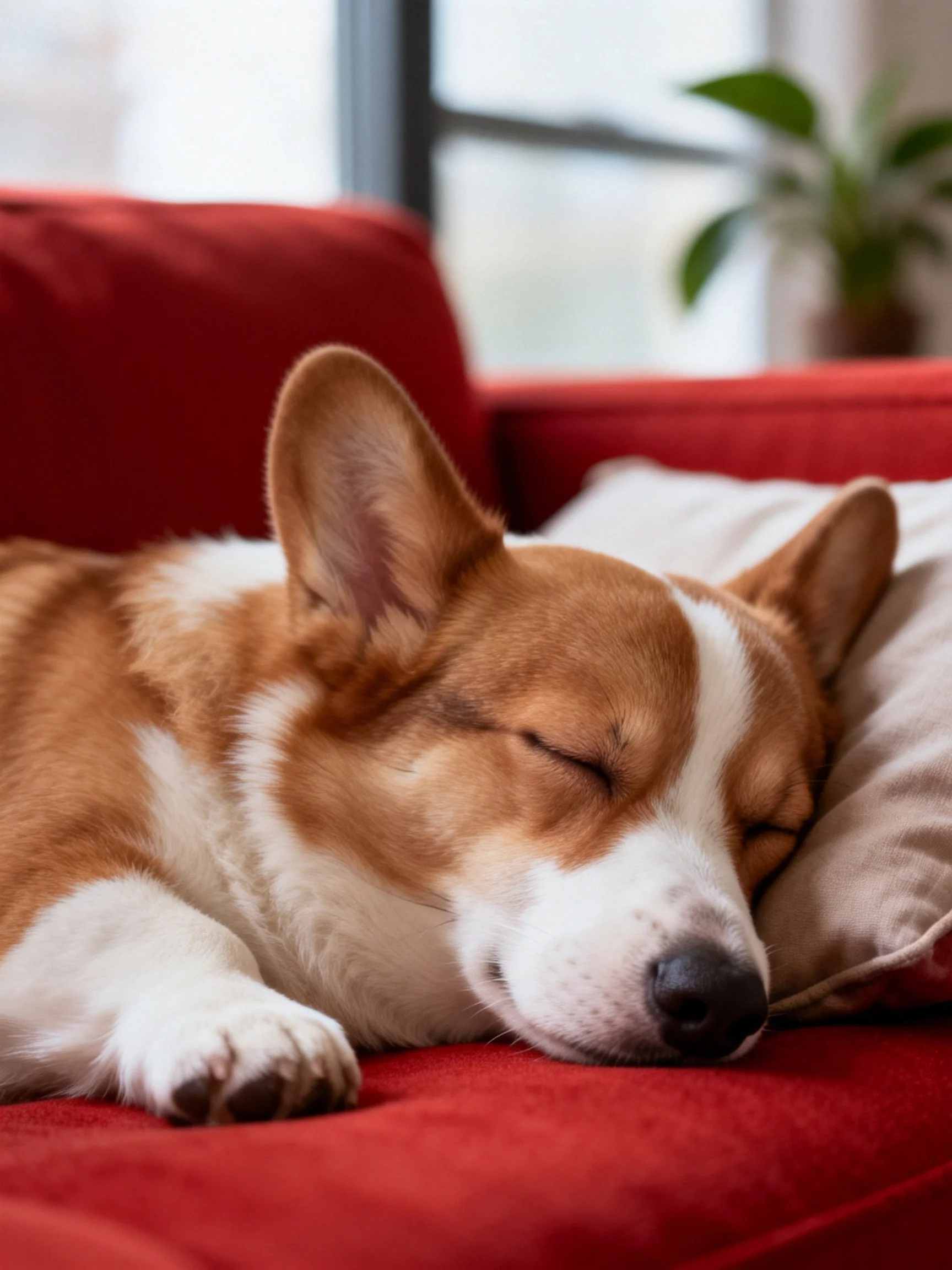 A corgi sleeps on a red couch with closed eyes