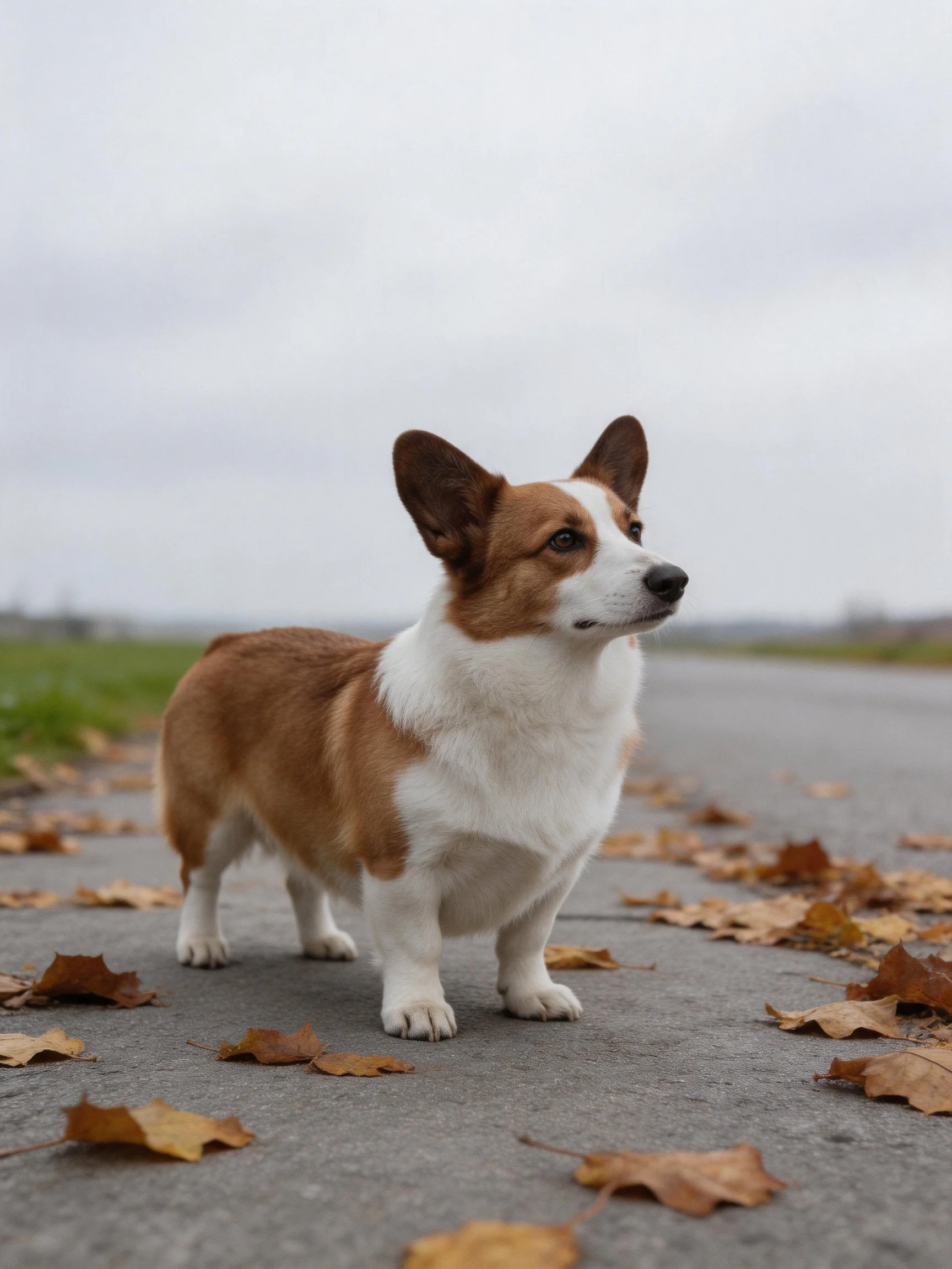 A brown and white corgi stands on a leaf-covered path