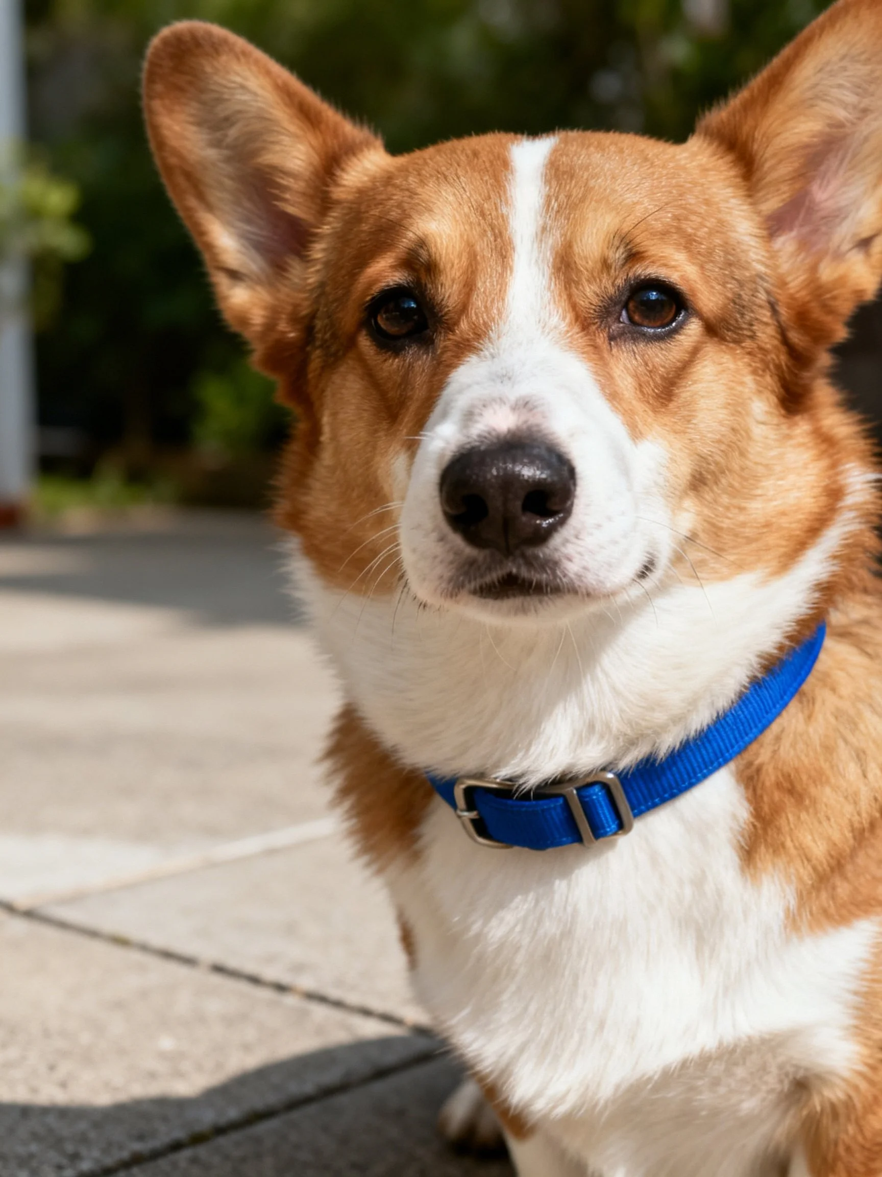 A brown and white corgi wears a blue collar while standing outside.
