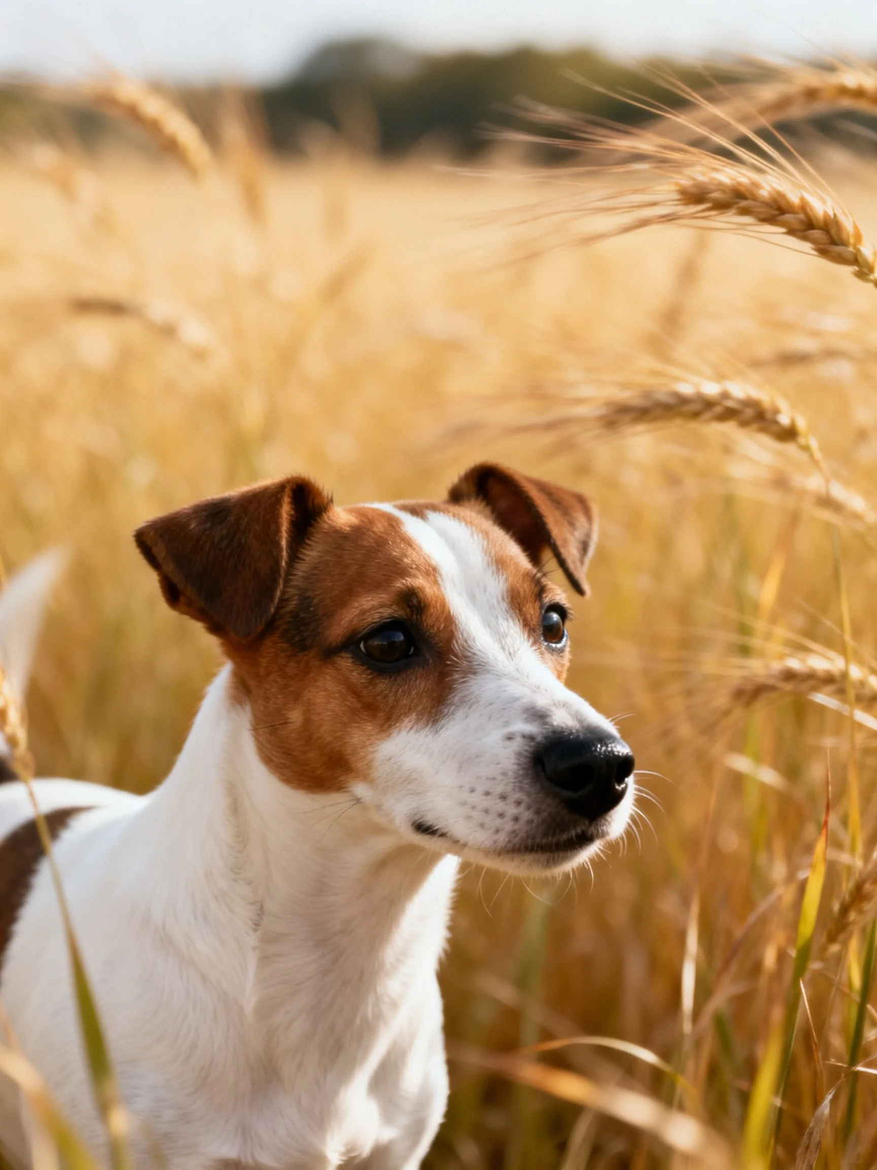 A brown and white dog stands among golden wheat stalks in bright daylight.