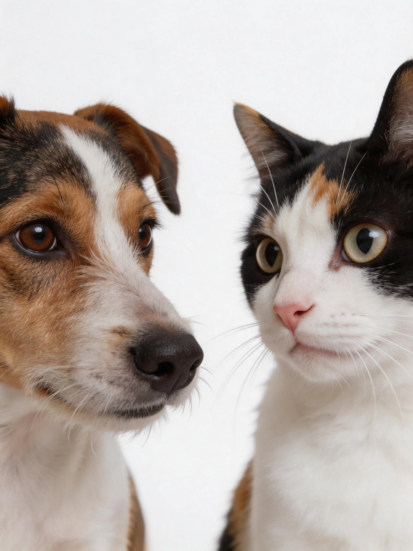 A dog and calico cat stare intently at one another near each other.