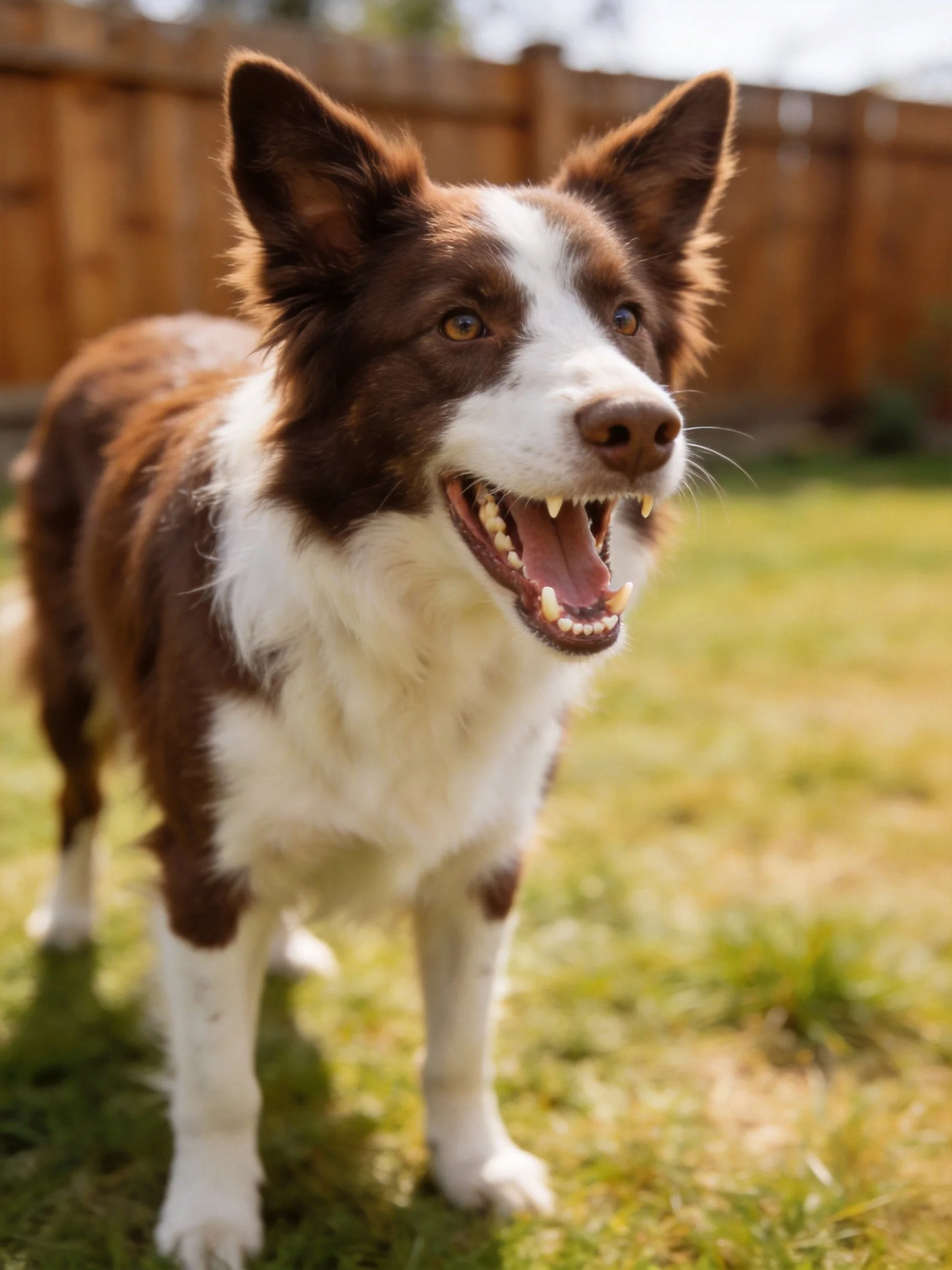 A brown and white dog barks happily in a backyard