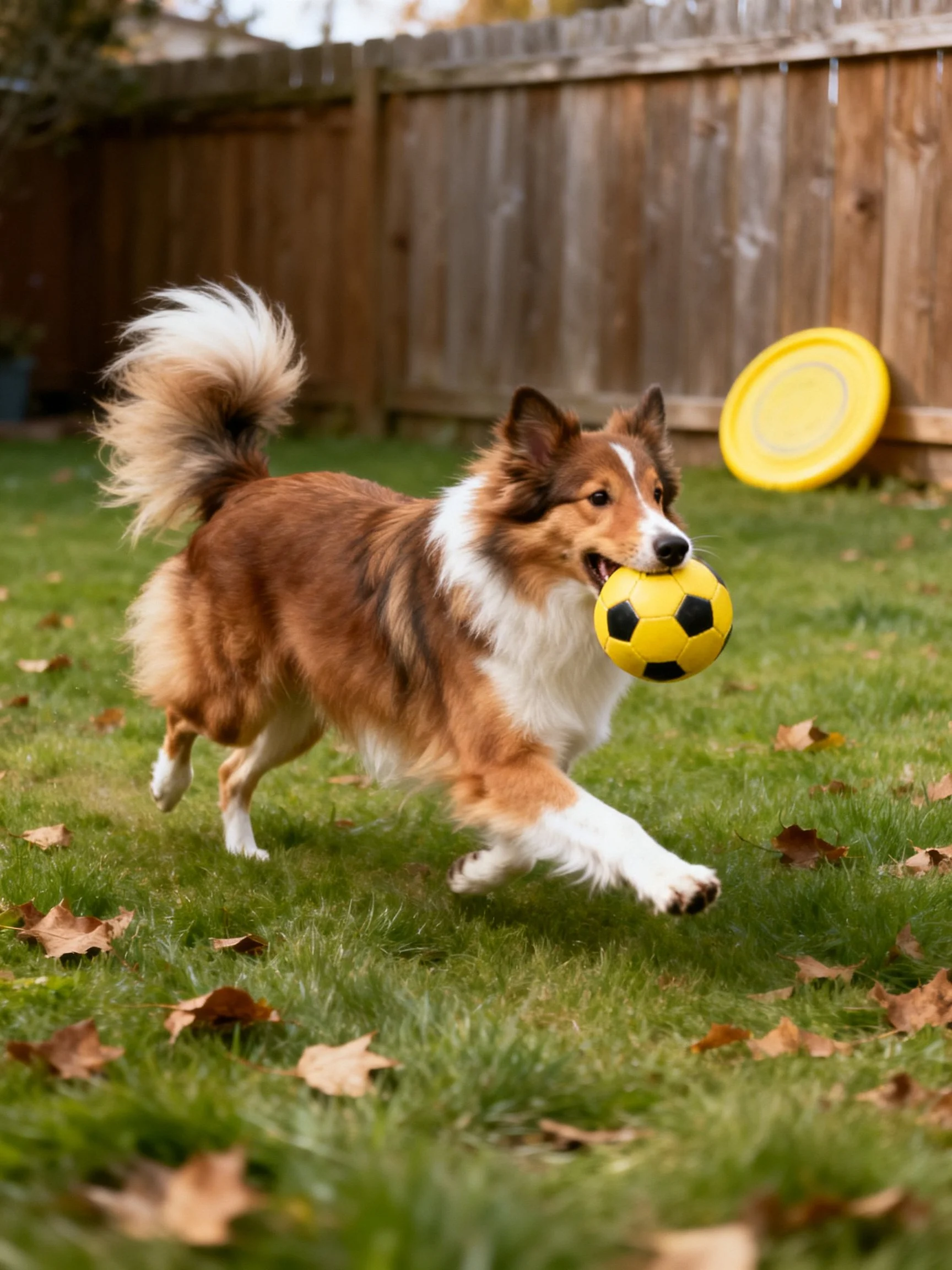 A brown and white dog carries a yellow soccer ball in a fenced backyard