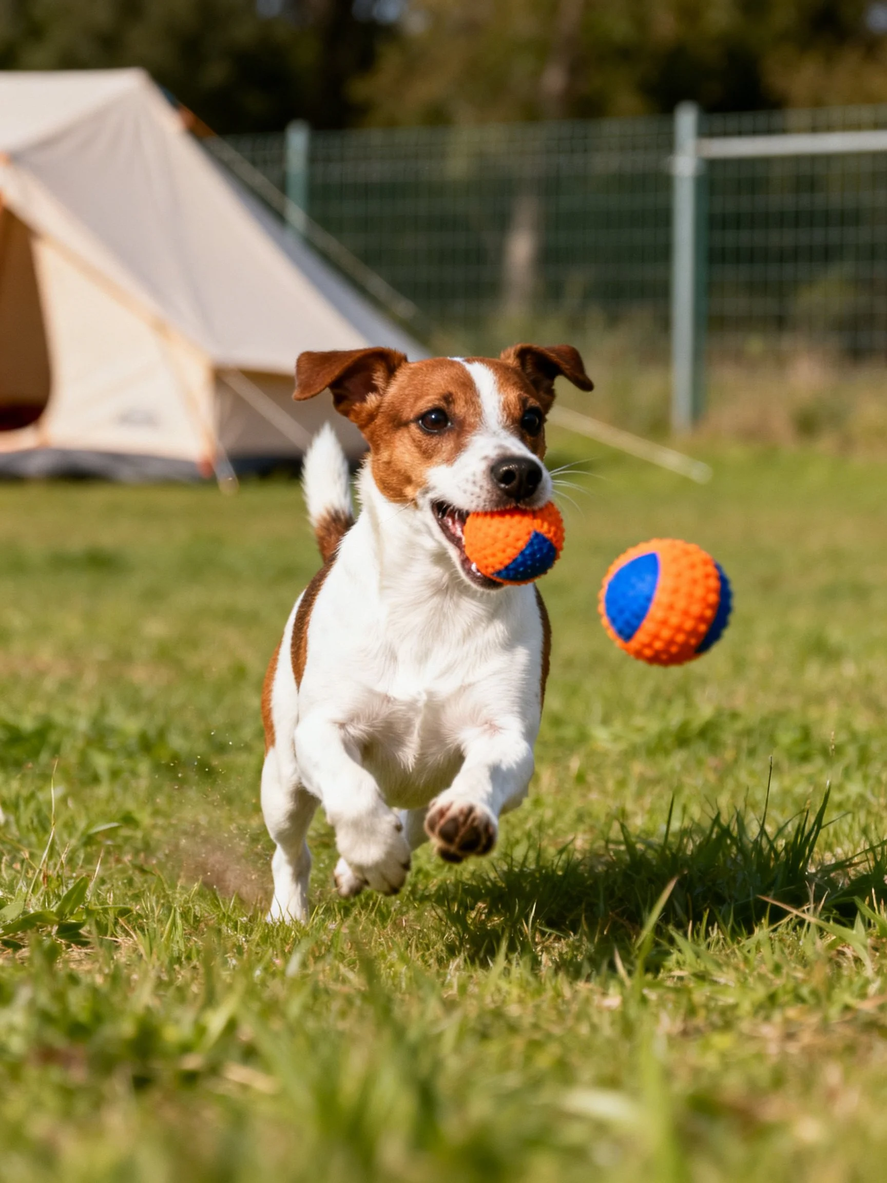 A small dog plays with orange-blue balls near a tent.