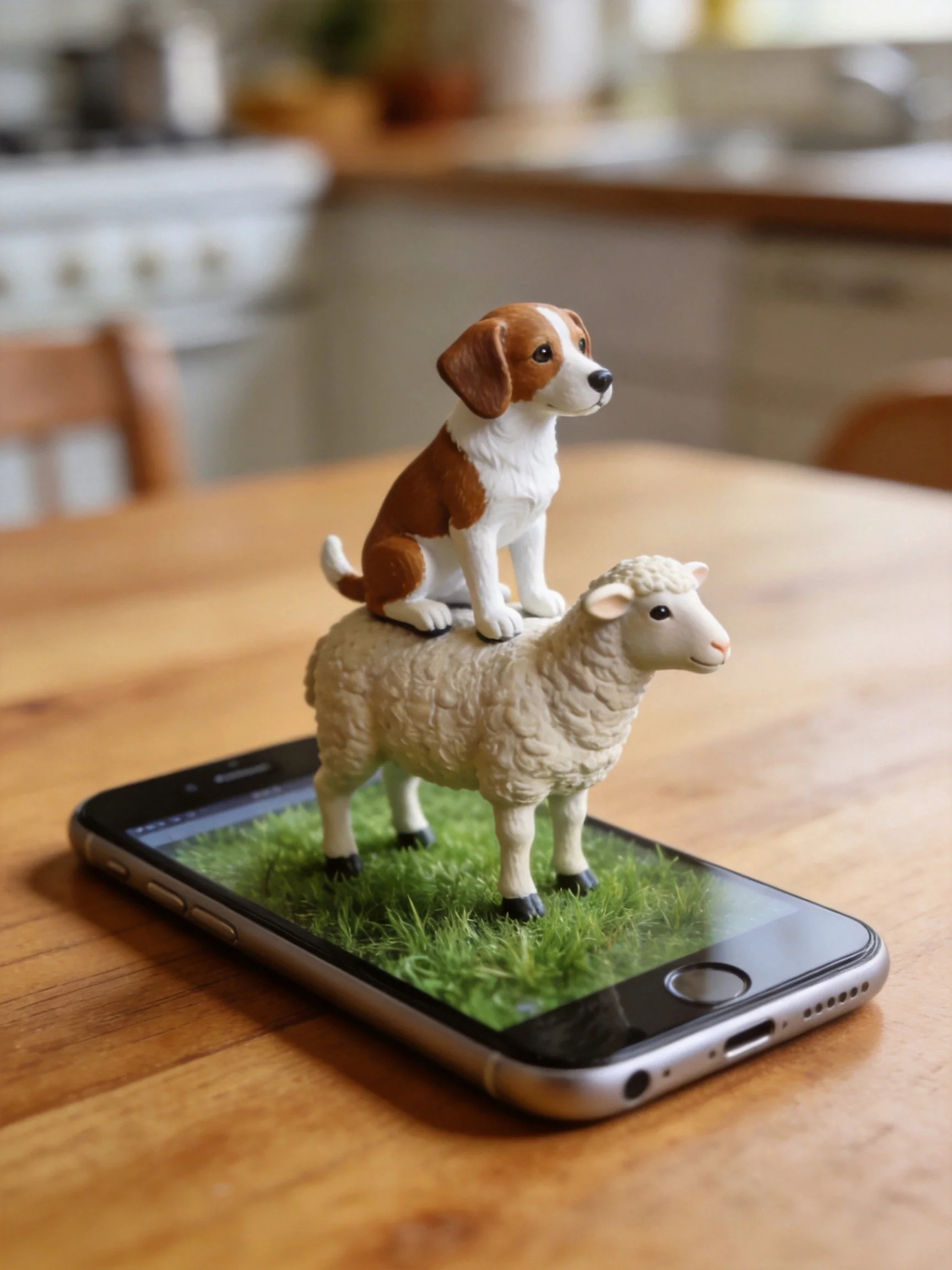 A brown and white dog figurine sits atop a beige sheep figurine on a smartphone with green grass
