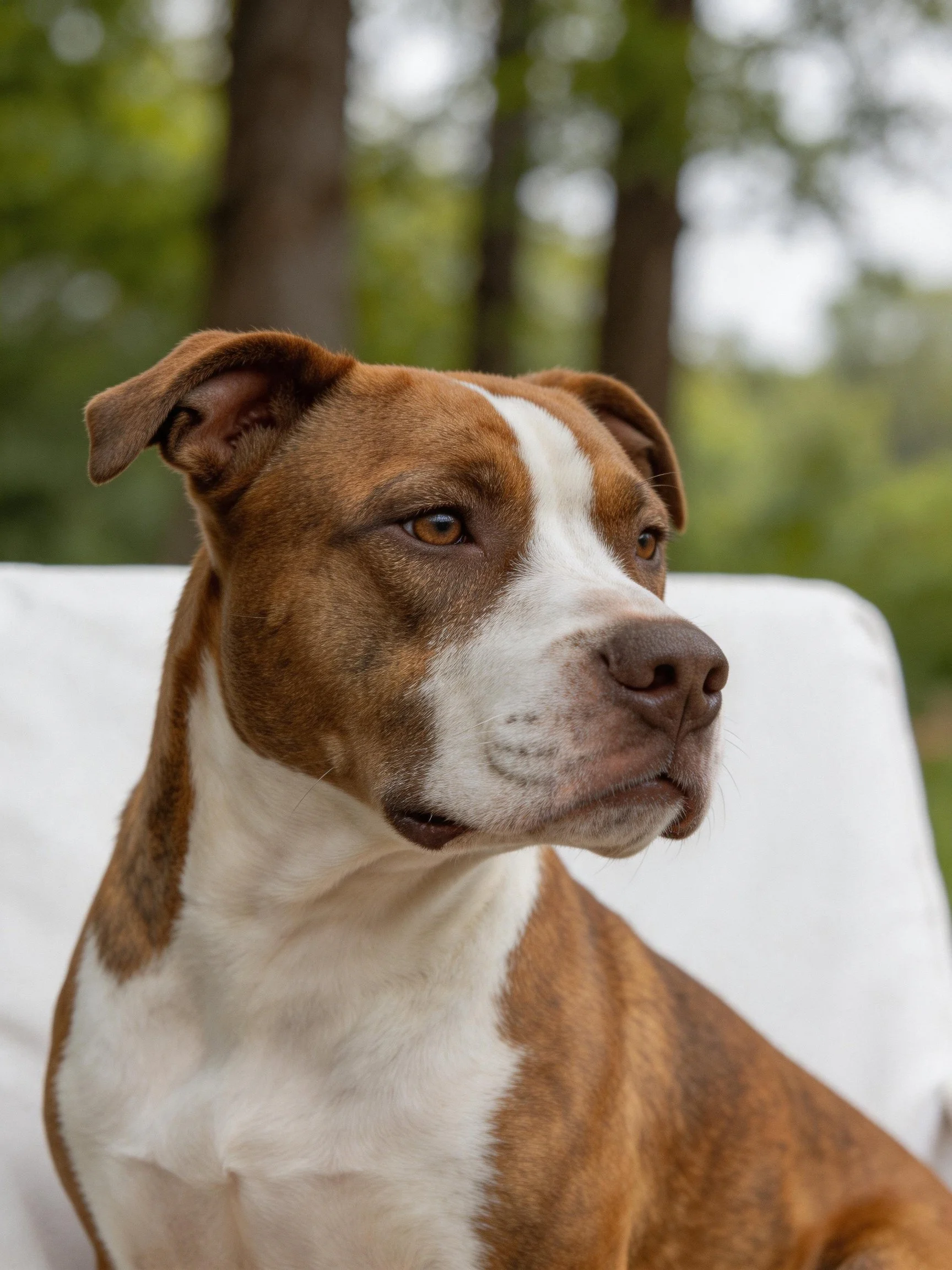 A brown and white dog looks intently toward the distance amid greenery.