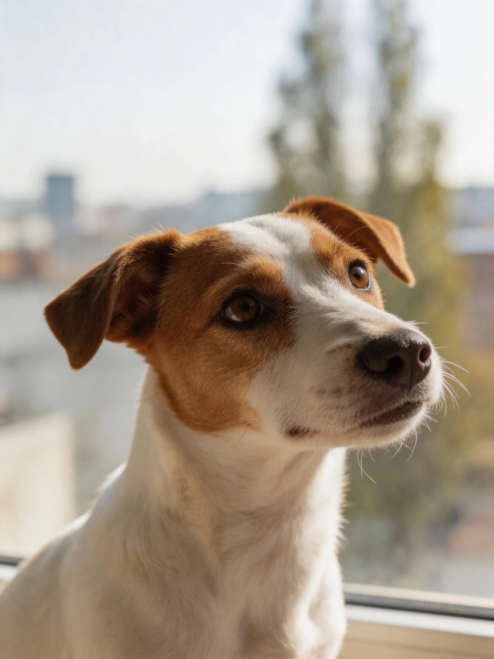 A brown and white dog gazes out from a sunlit window with blurred scenery