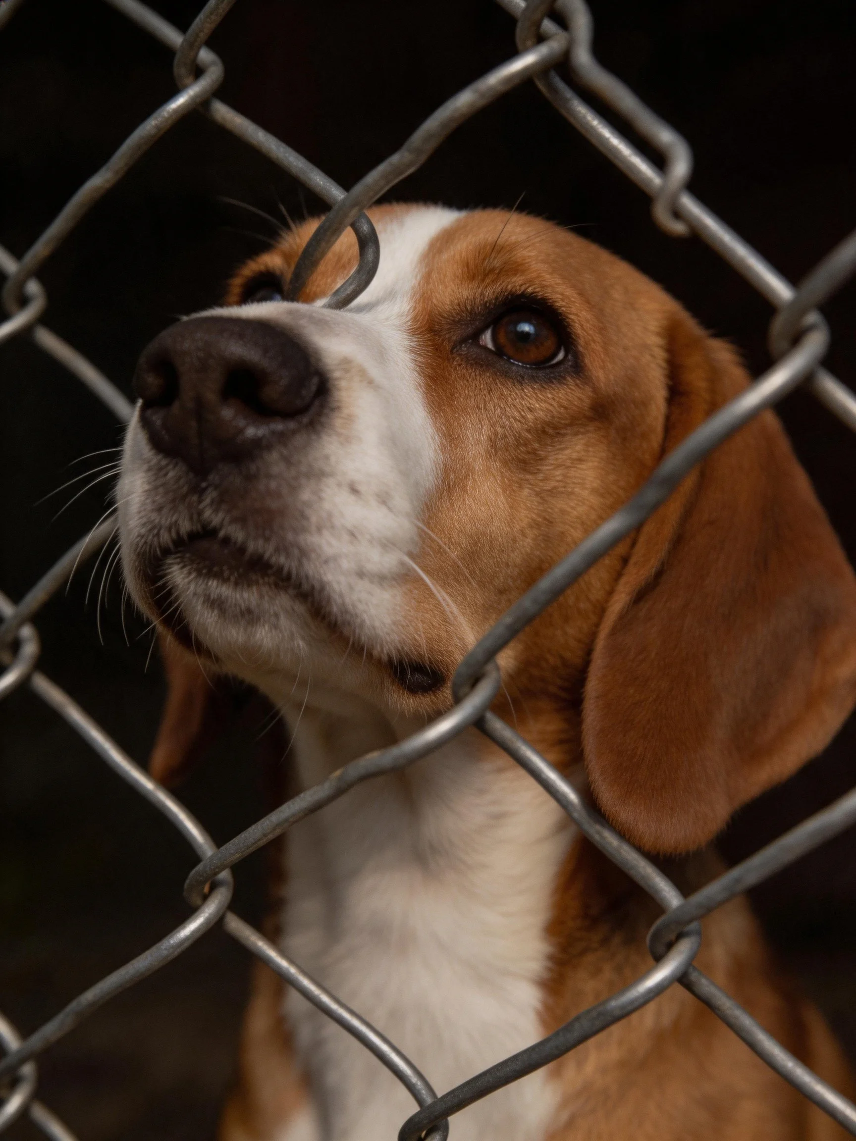 A brown and white dog gazes through a metallic chain-link fence