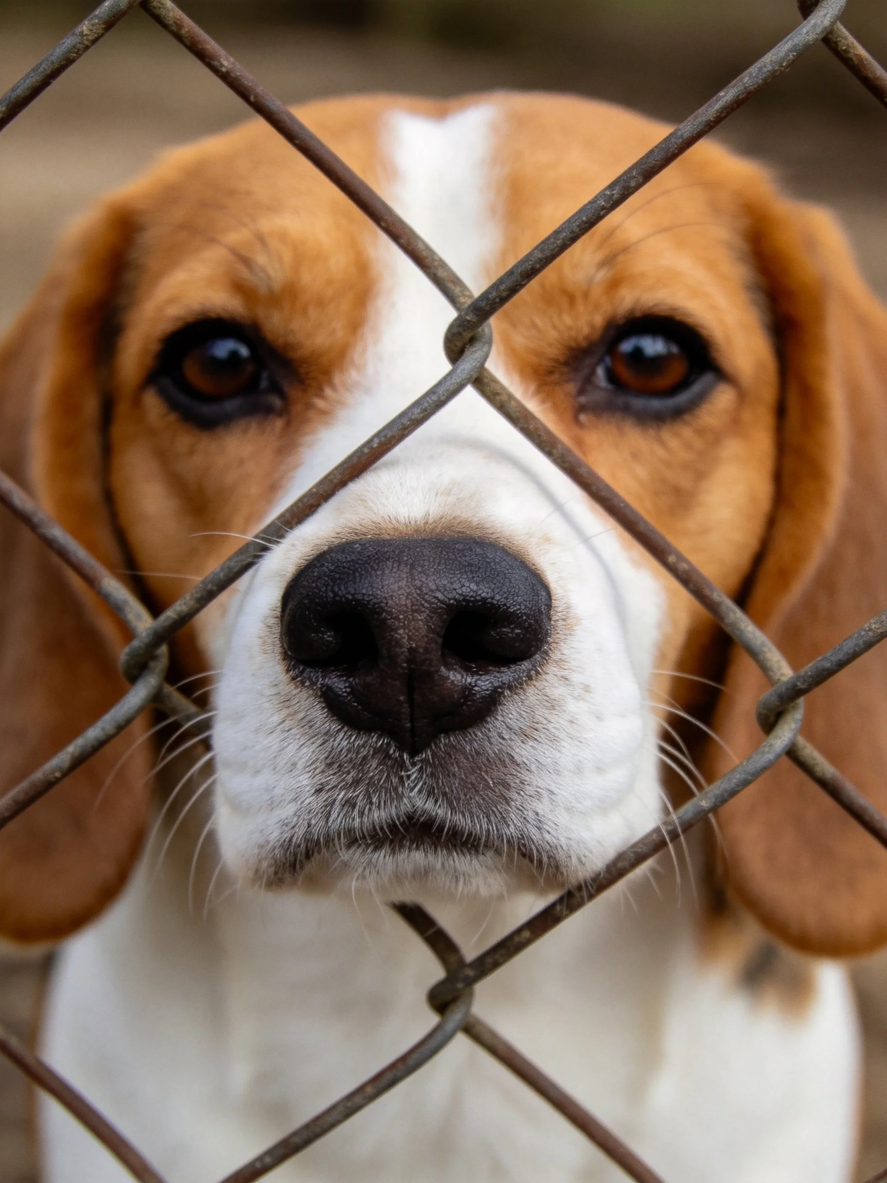 A brown and white dog looks through a chain-link fence.