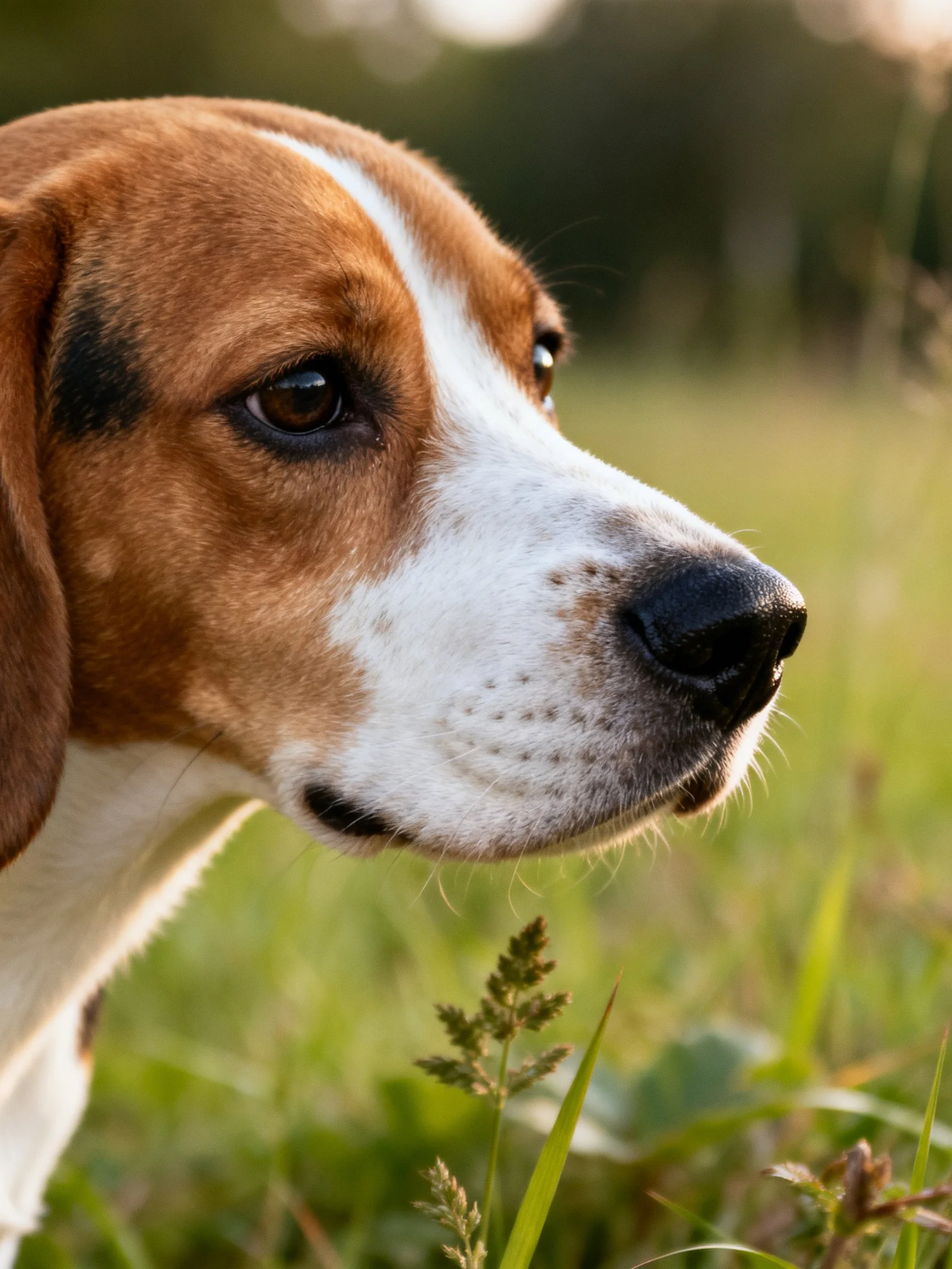 A brown and white dog attentively views its surroundings in a sunlit meadow.