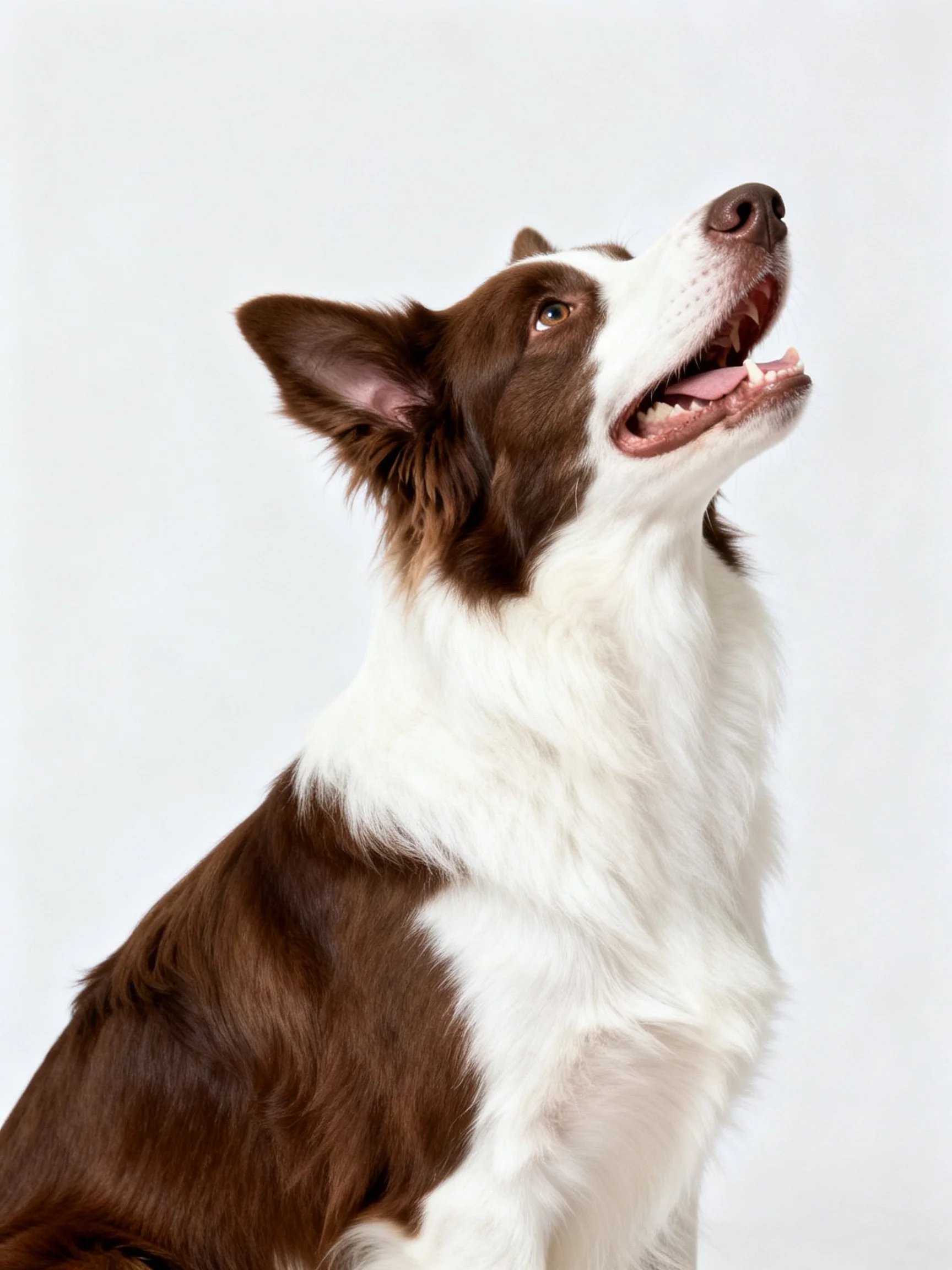 A brown and white dog gazing upward with an open mouth