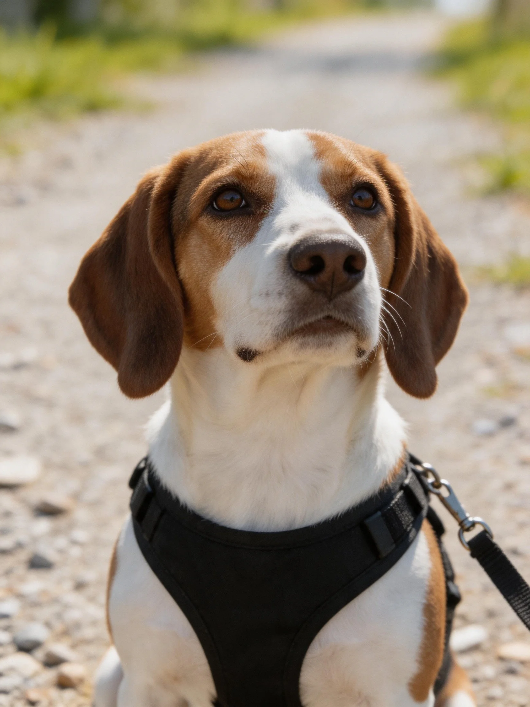 A brown and white dog in a black harness on a gravel path