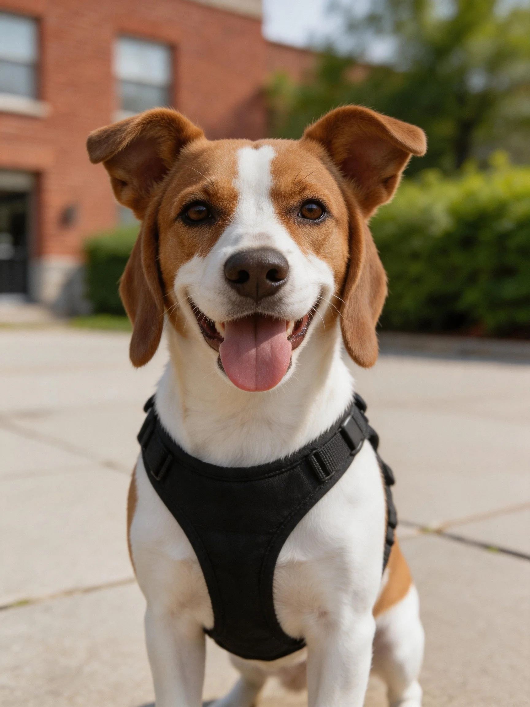 A brown and white dog in a black harness outside a brick building