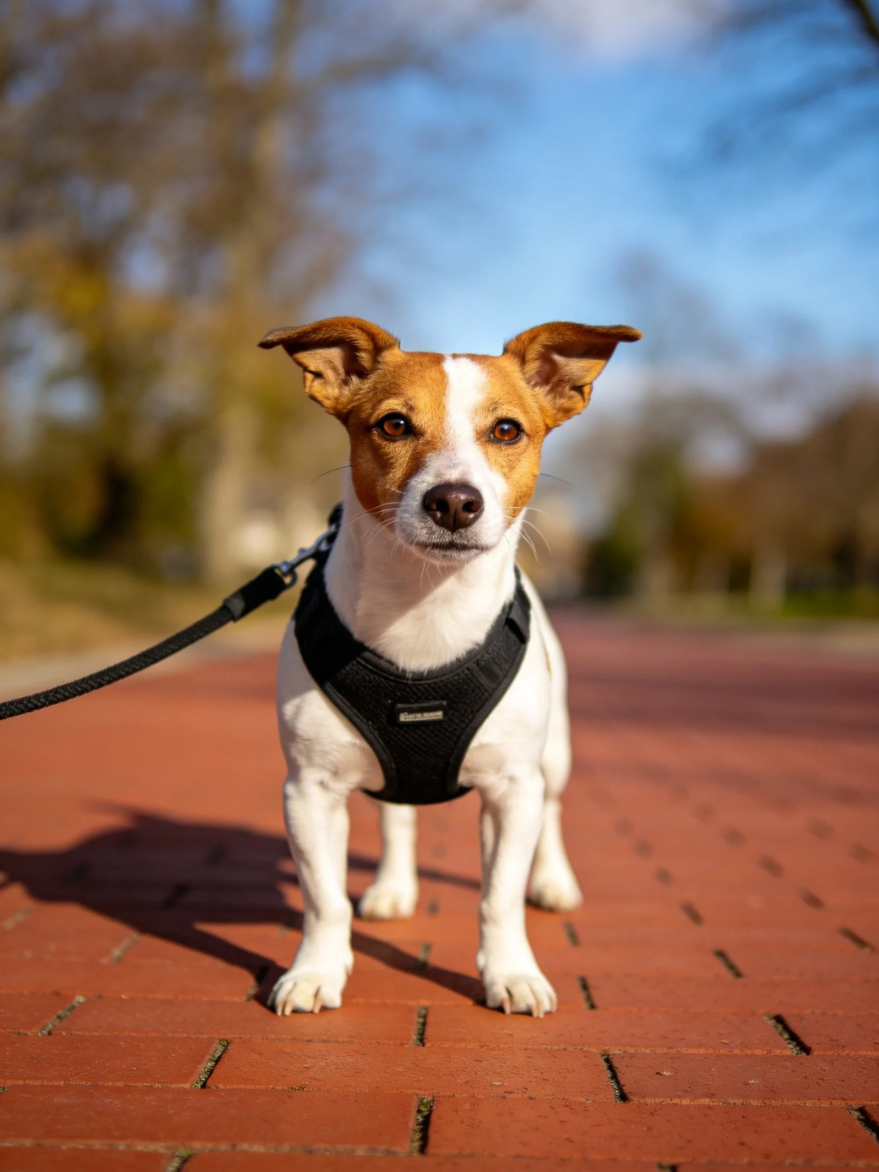 A brown and white dog with a black harness stands on an outdoor brick path.