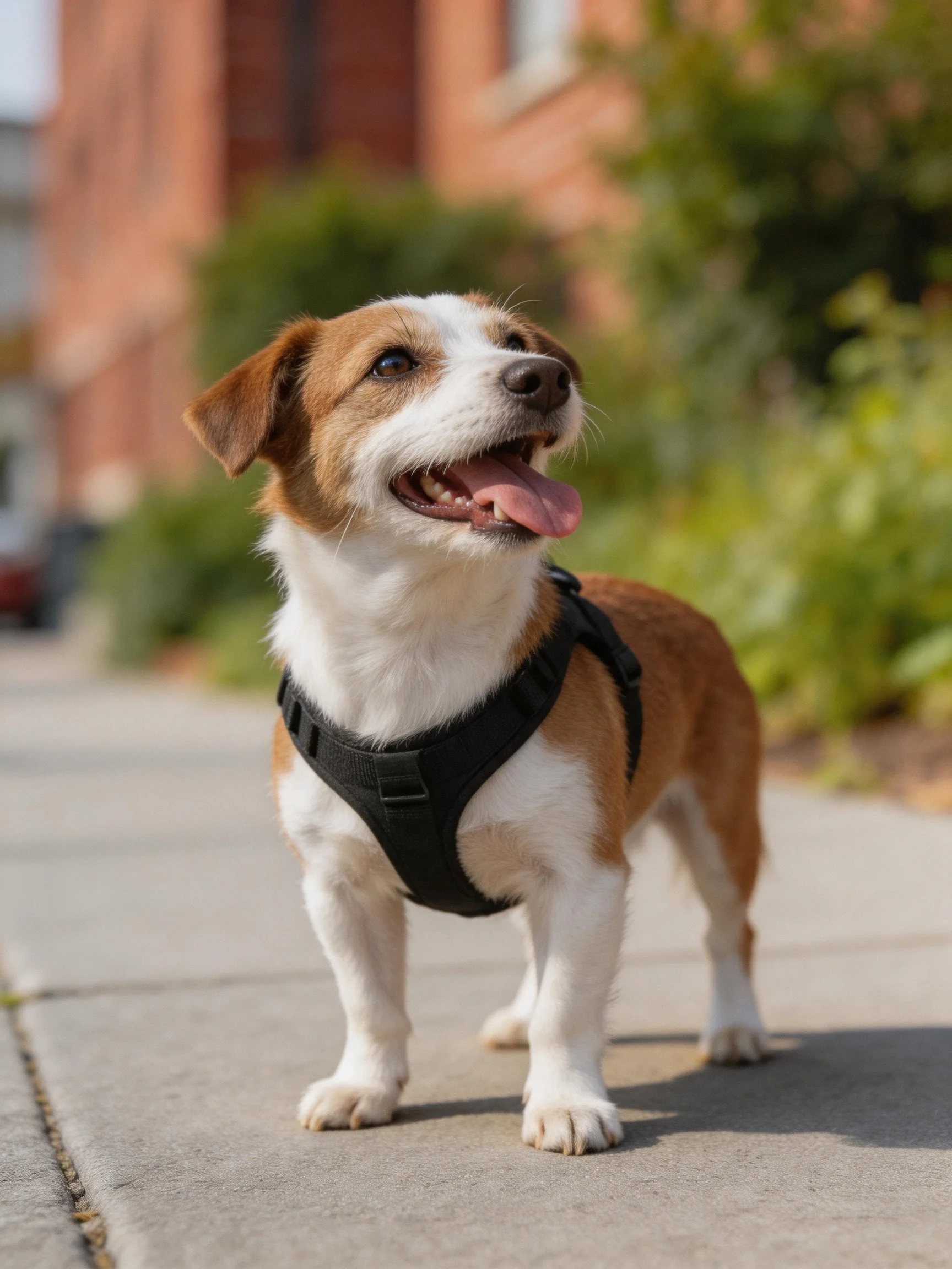 A brown and white dog in a black harness stands on a sidewalk
