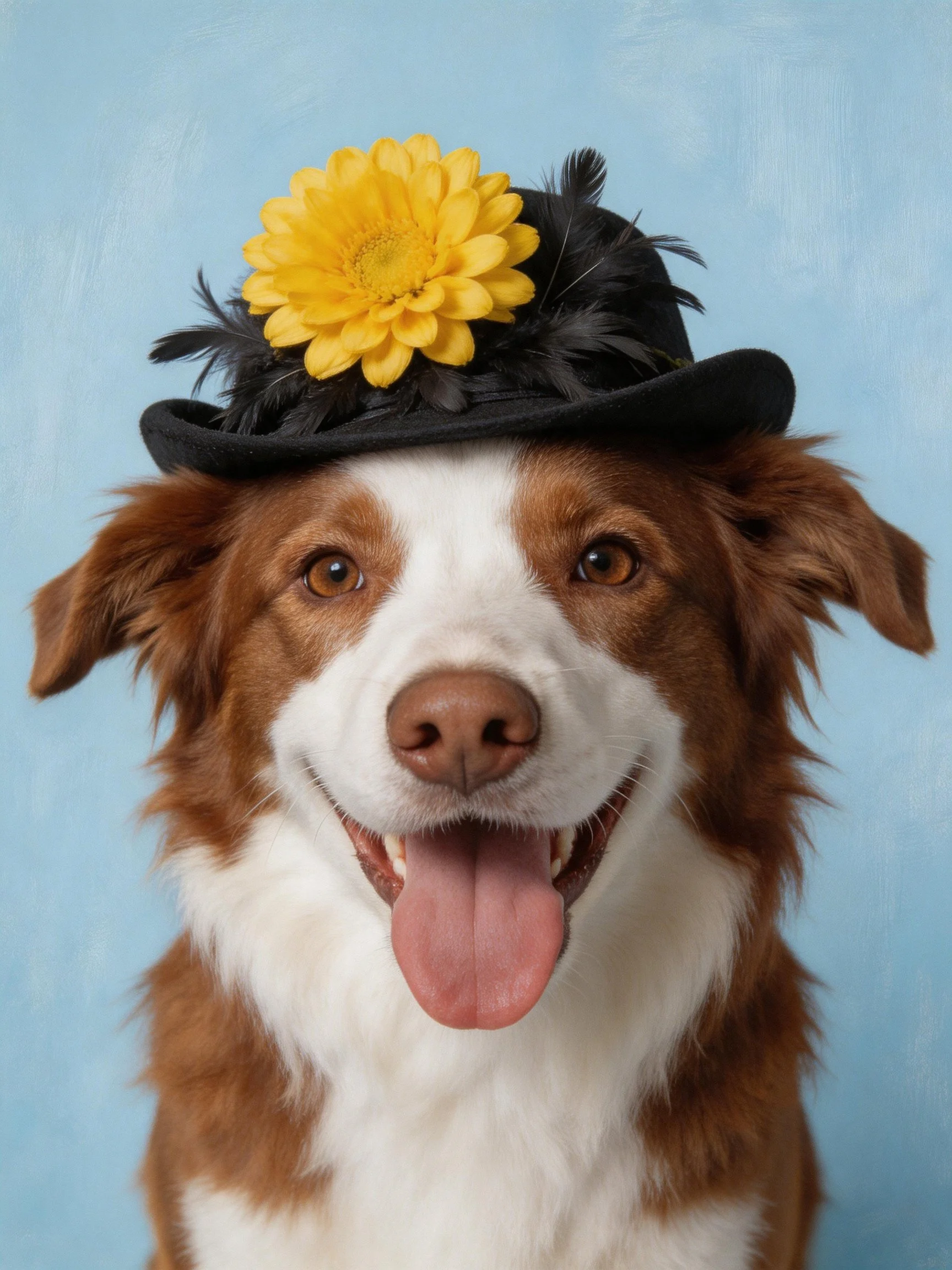A brown and white dog in a black hat with a large yellow flower