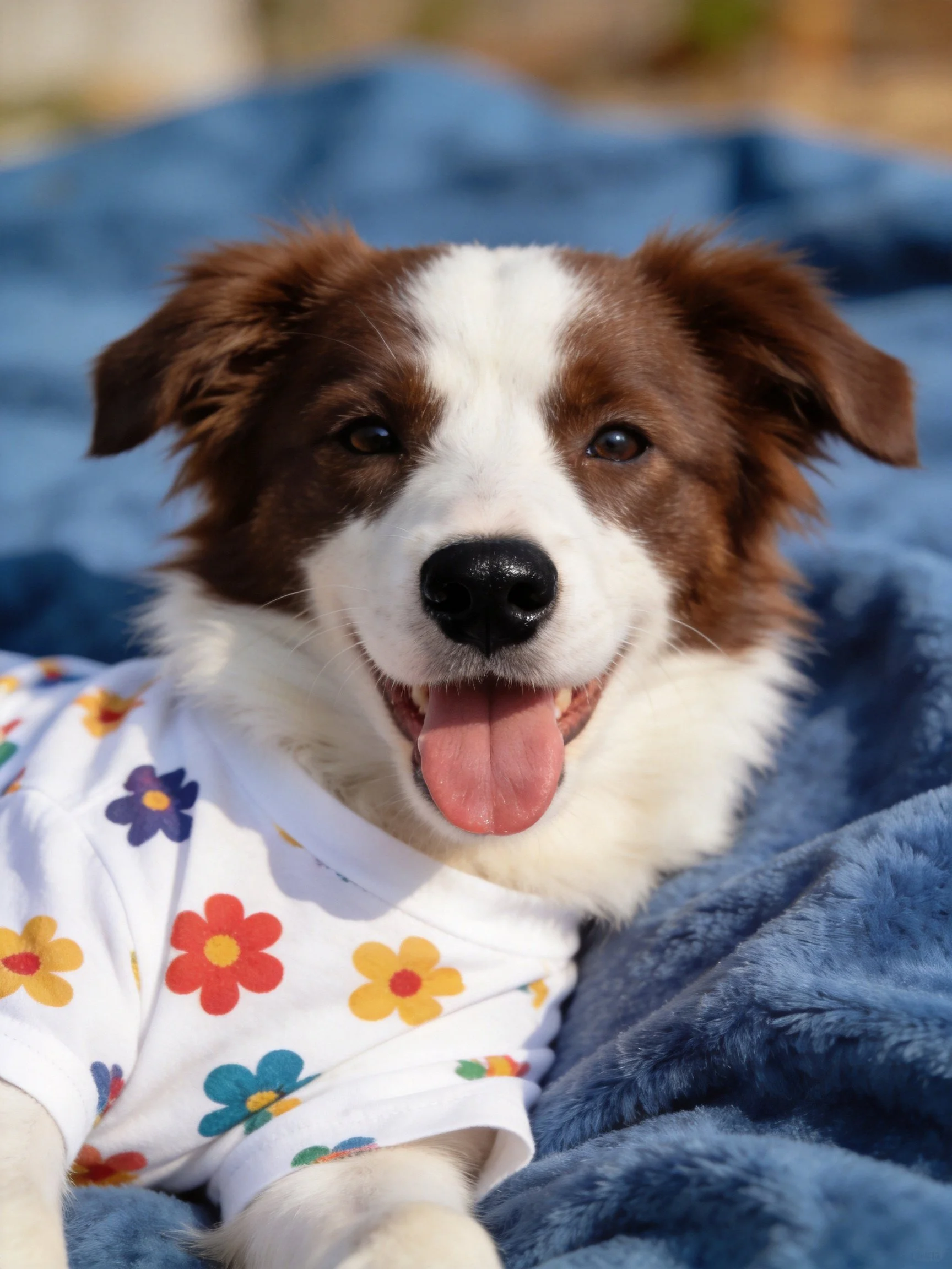 A brown and white dog in a flowered shirt on a blue blanket