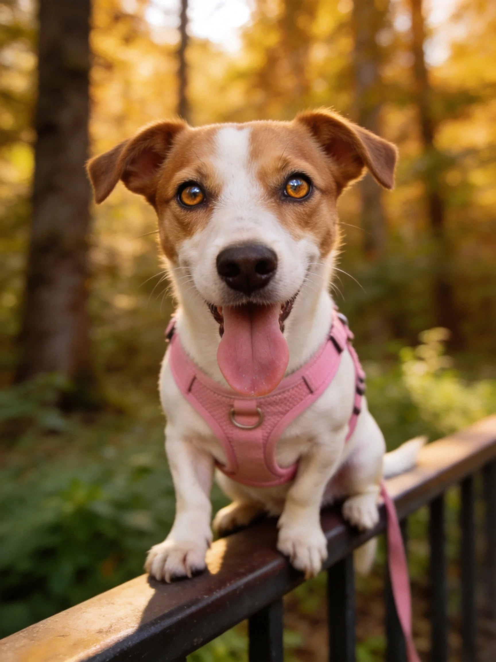 A brown and white dog in a pink harness sits on an outdoor railing