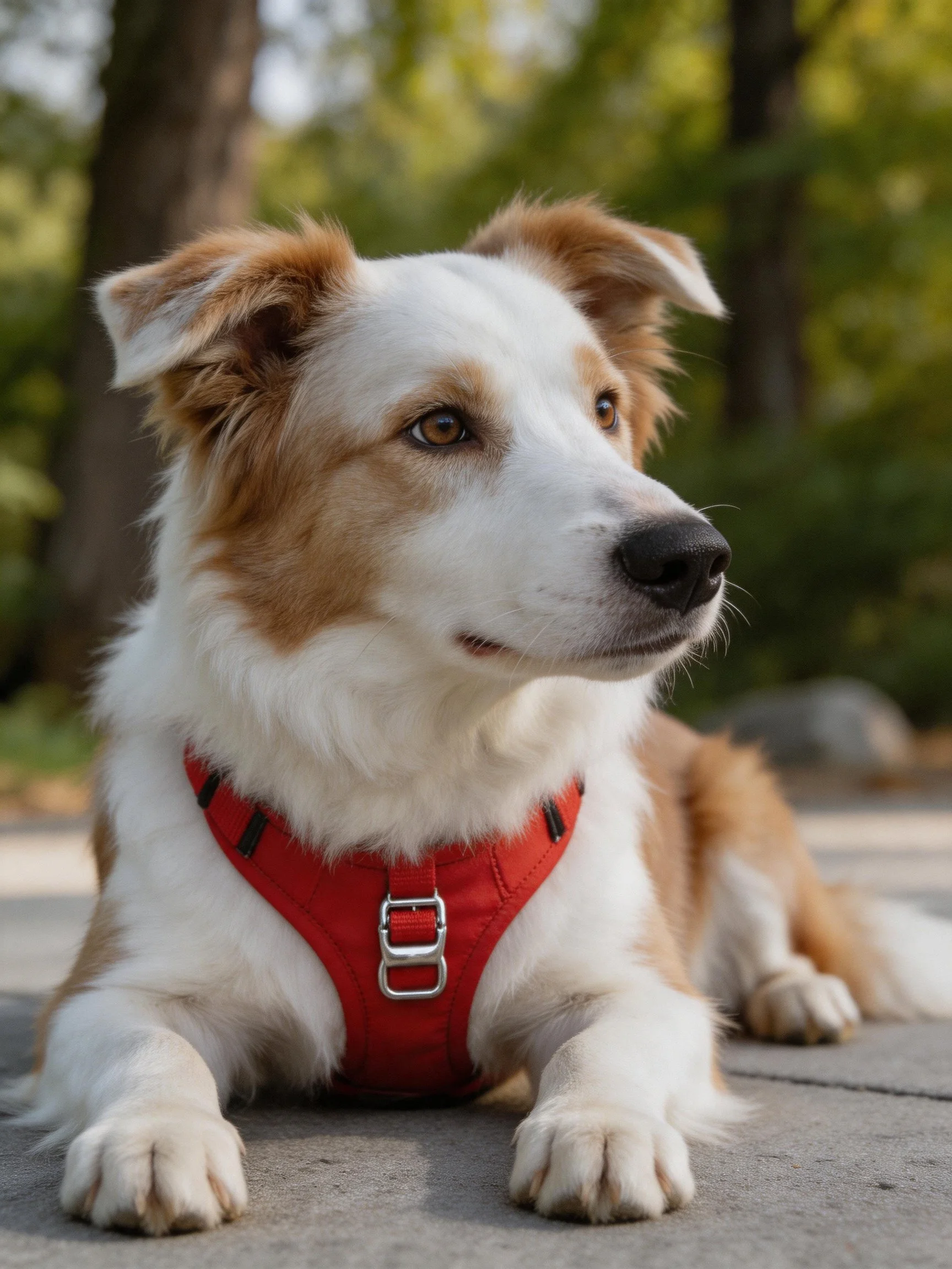A brown and white dog in a red harness rests outside
