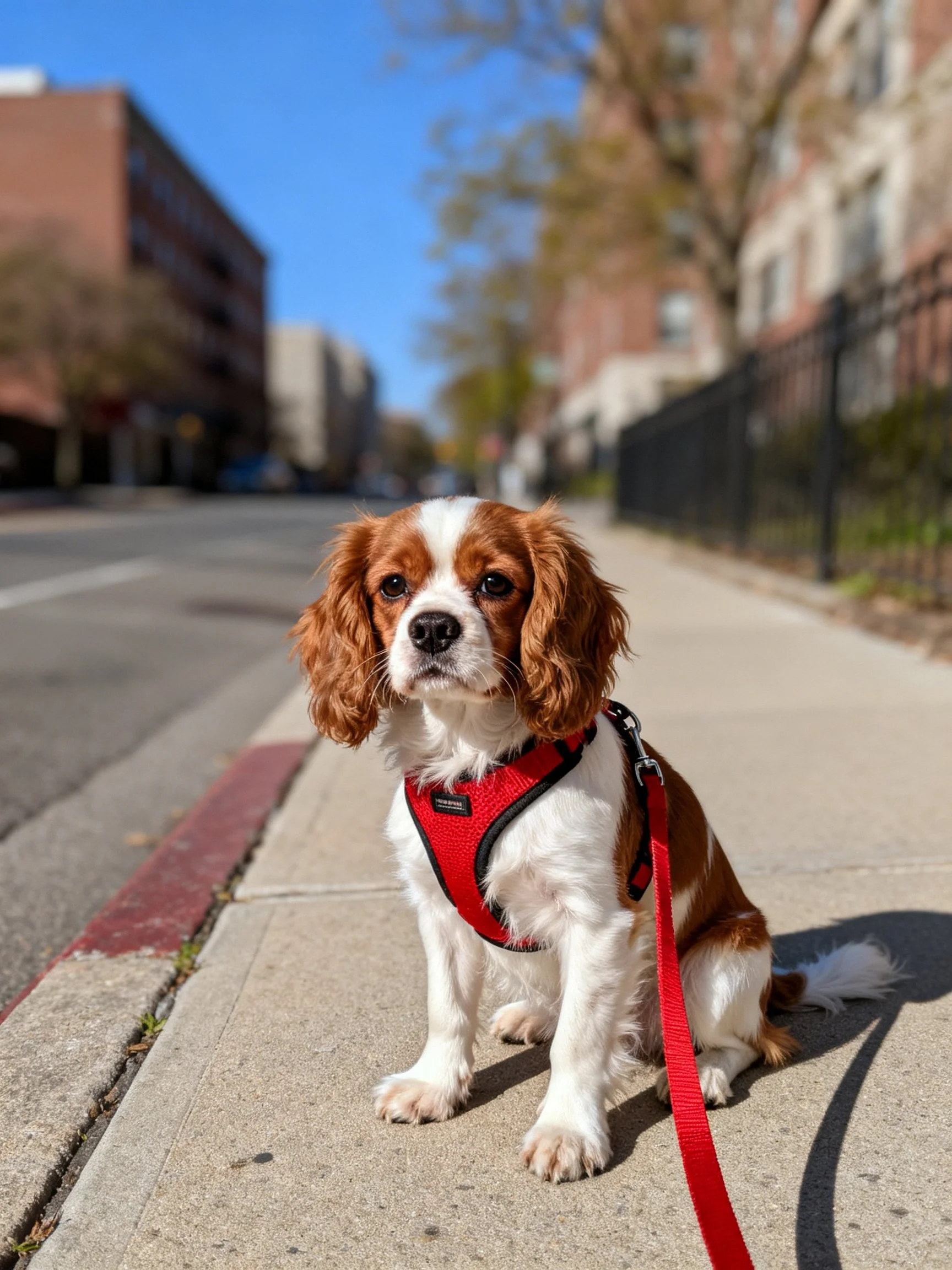 A small brown and white dog with a red harness rests on a sunny urban sidewalk.