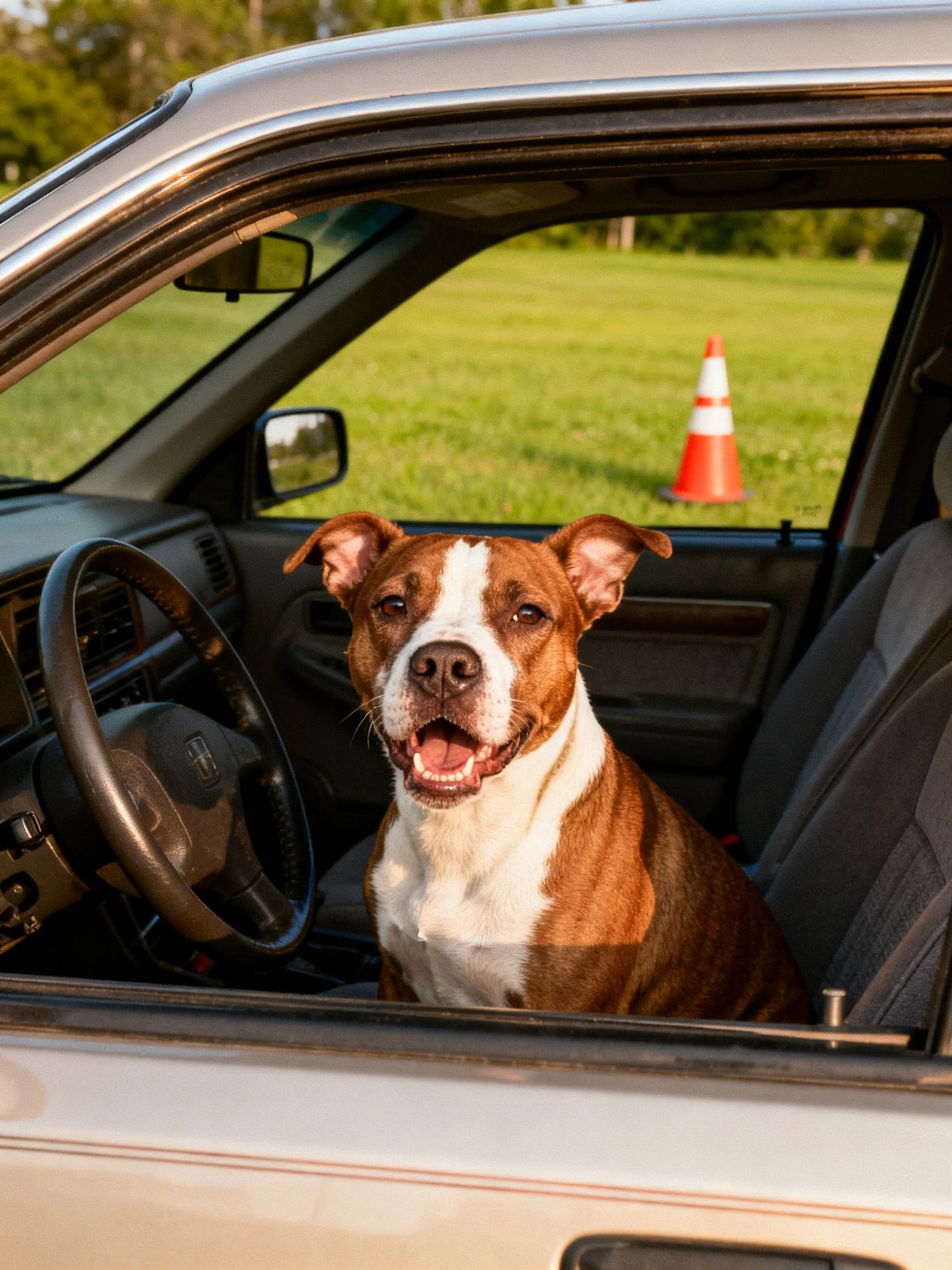 A brown and white dog in a silver car next to an orange traffic cone