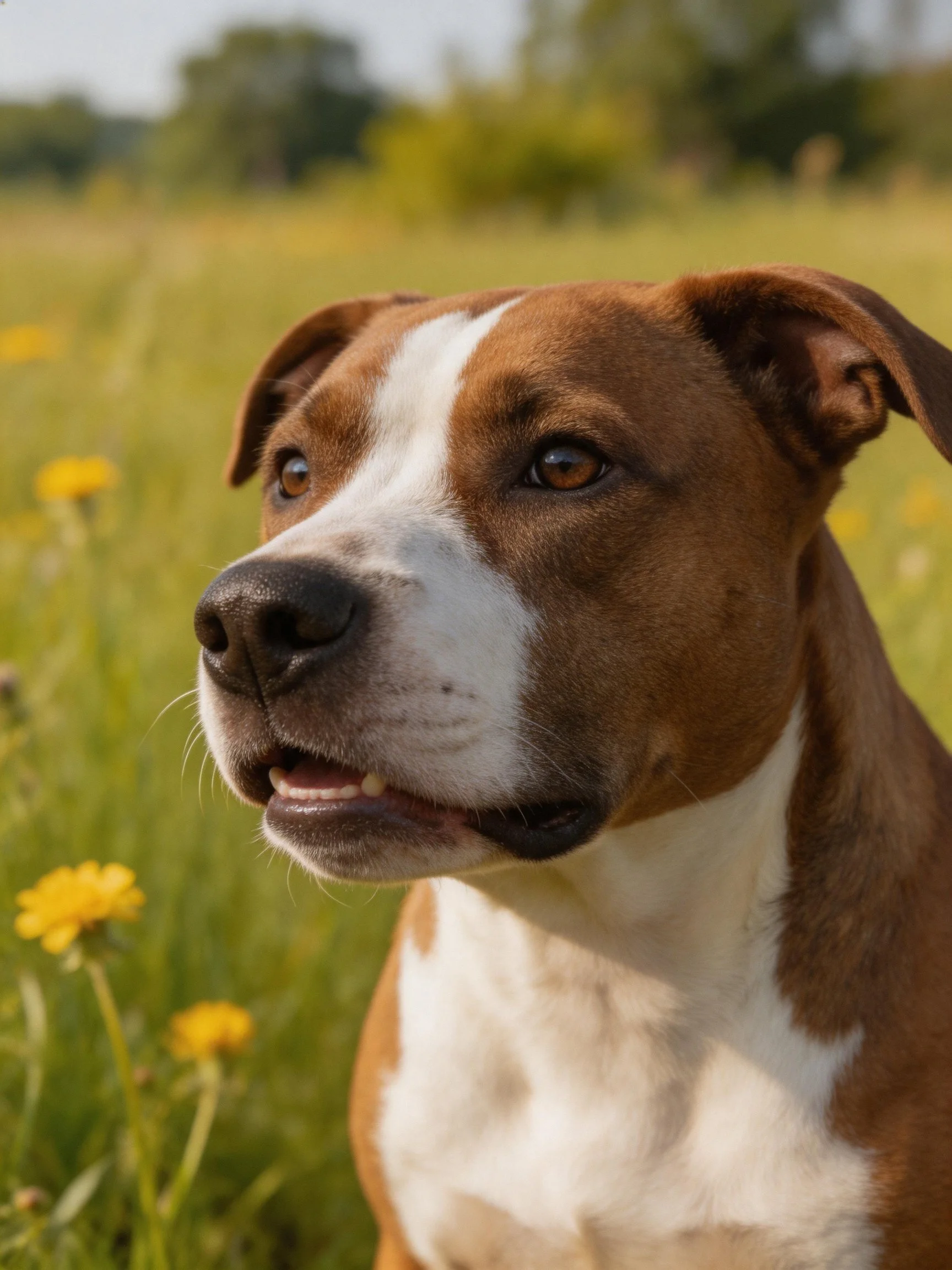 A brown and white dog in a sunlit meadow with yellow wildflowers