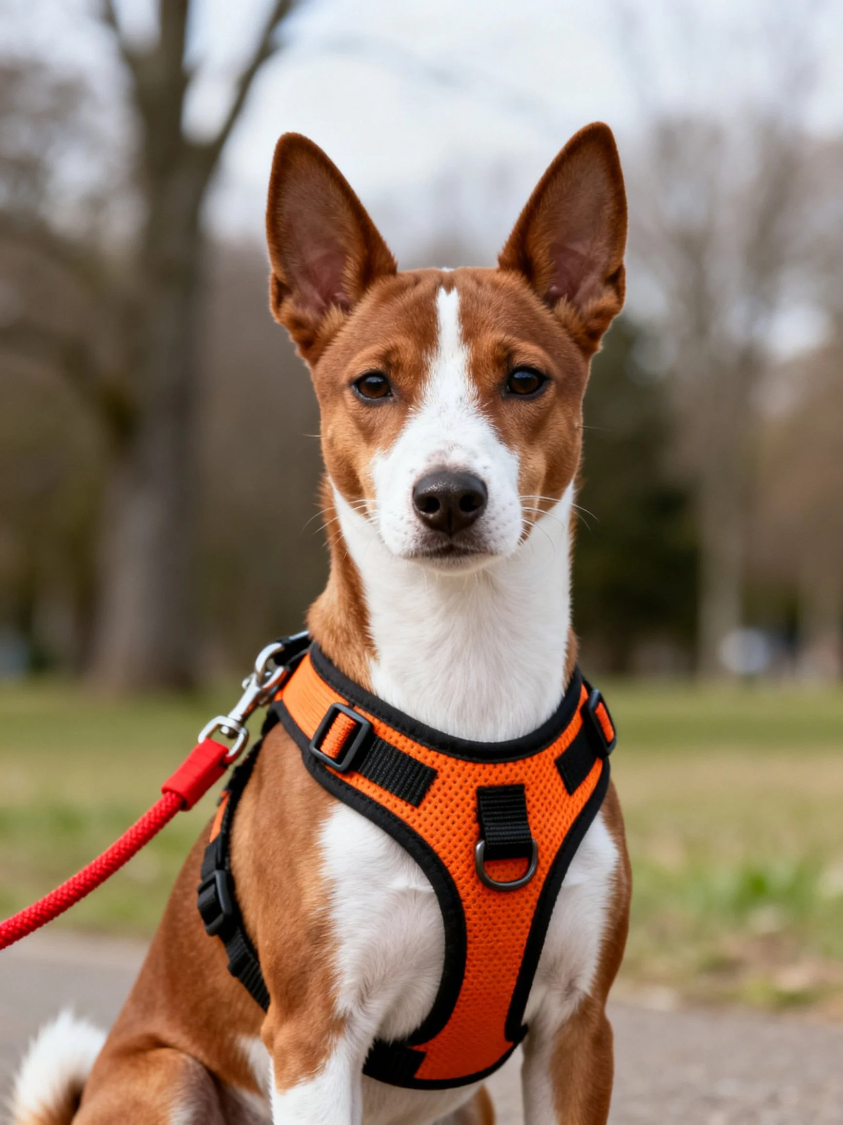 A brown and white dog in an orange harness with red leash in a park
