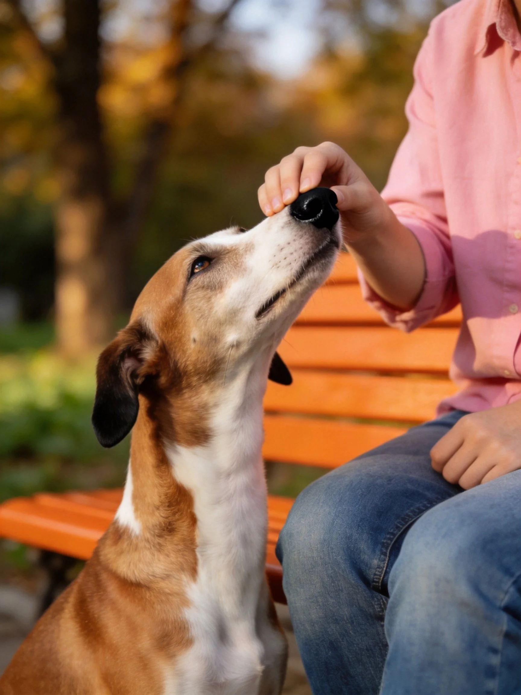 A brown and white dog receives attention from a person in pink outdoors.