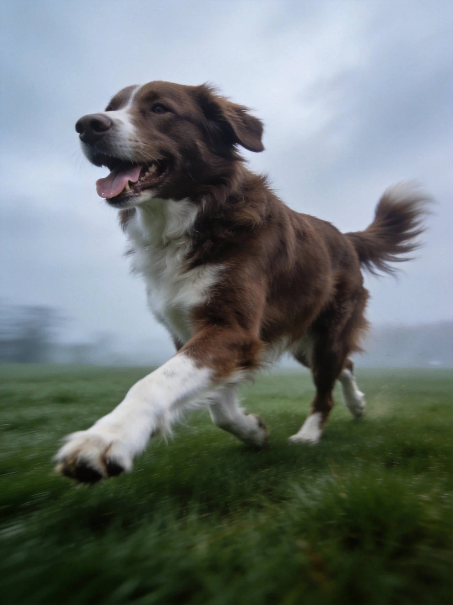 A brown and white dog runs energetically on a grassy field.