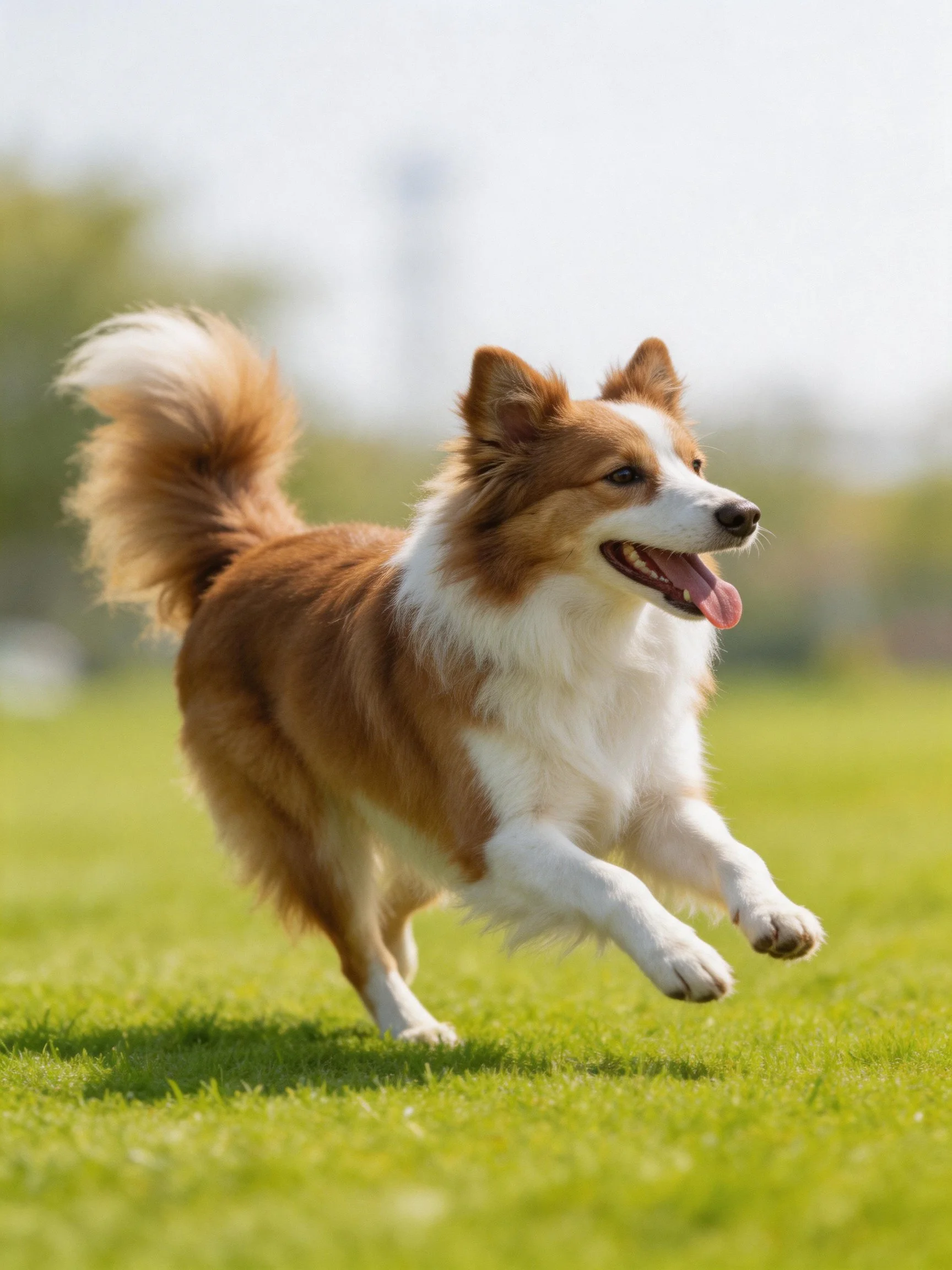 A brown and white dog runs energetically on a sunny grassy field.