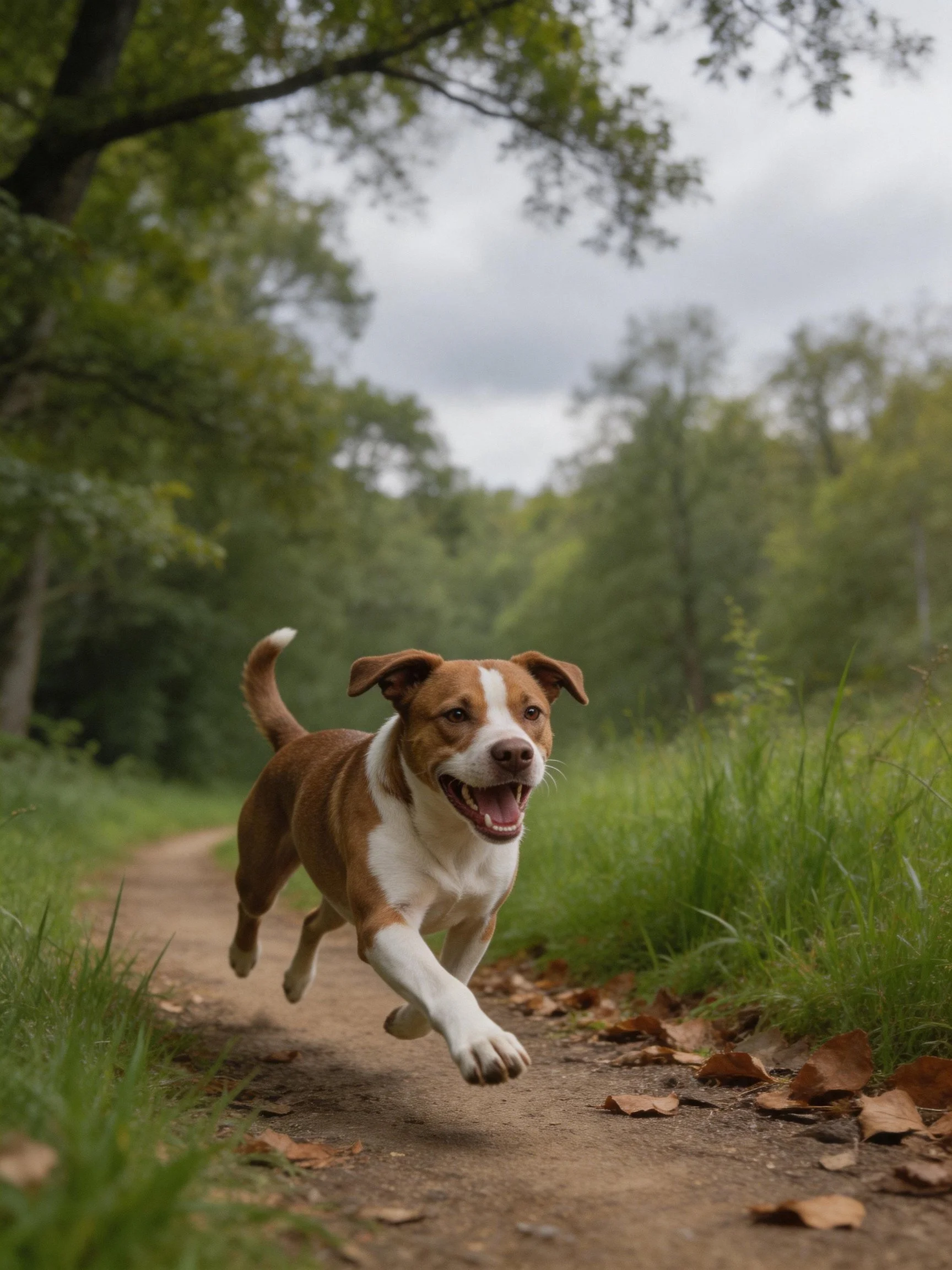 A brown and white dog joyfully runs along a leaf-strewn dirt path