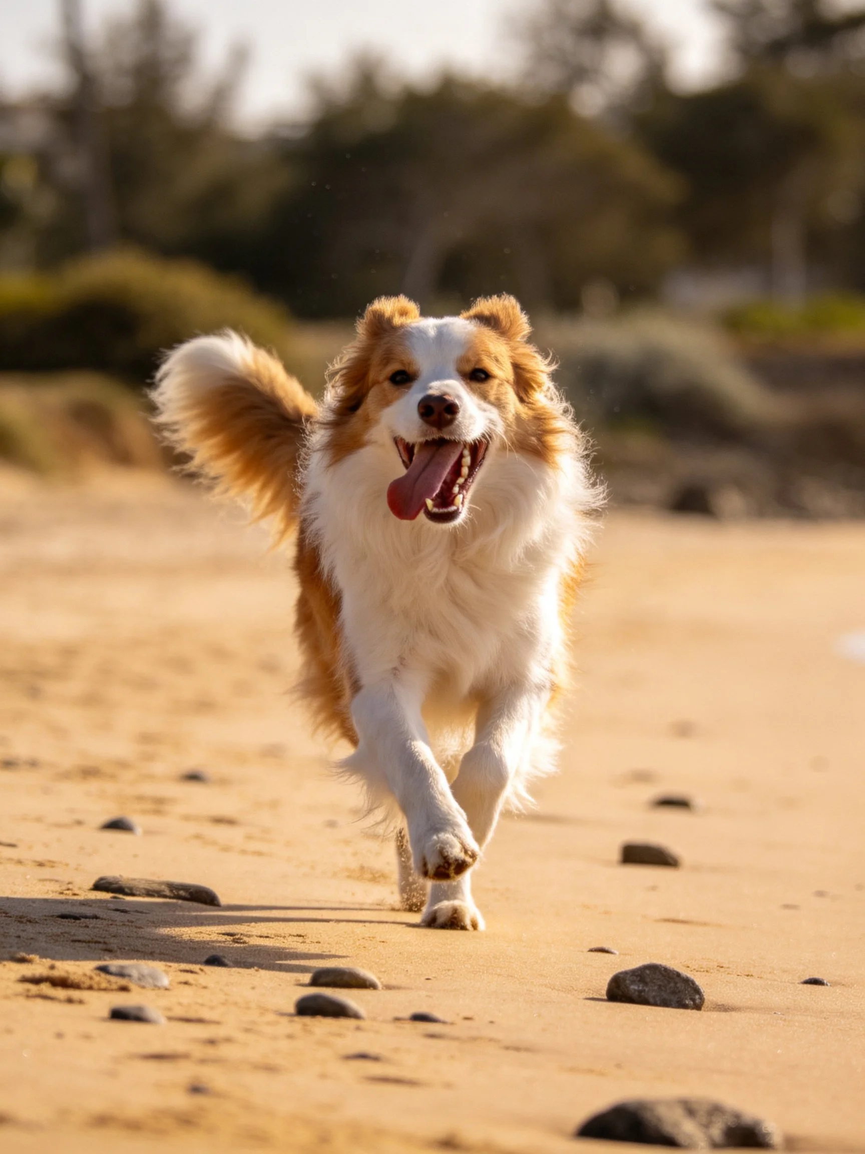 A brown and white dog joyfully runs on a sandy beach with scattered rocks