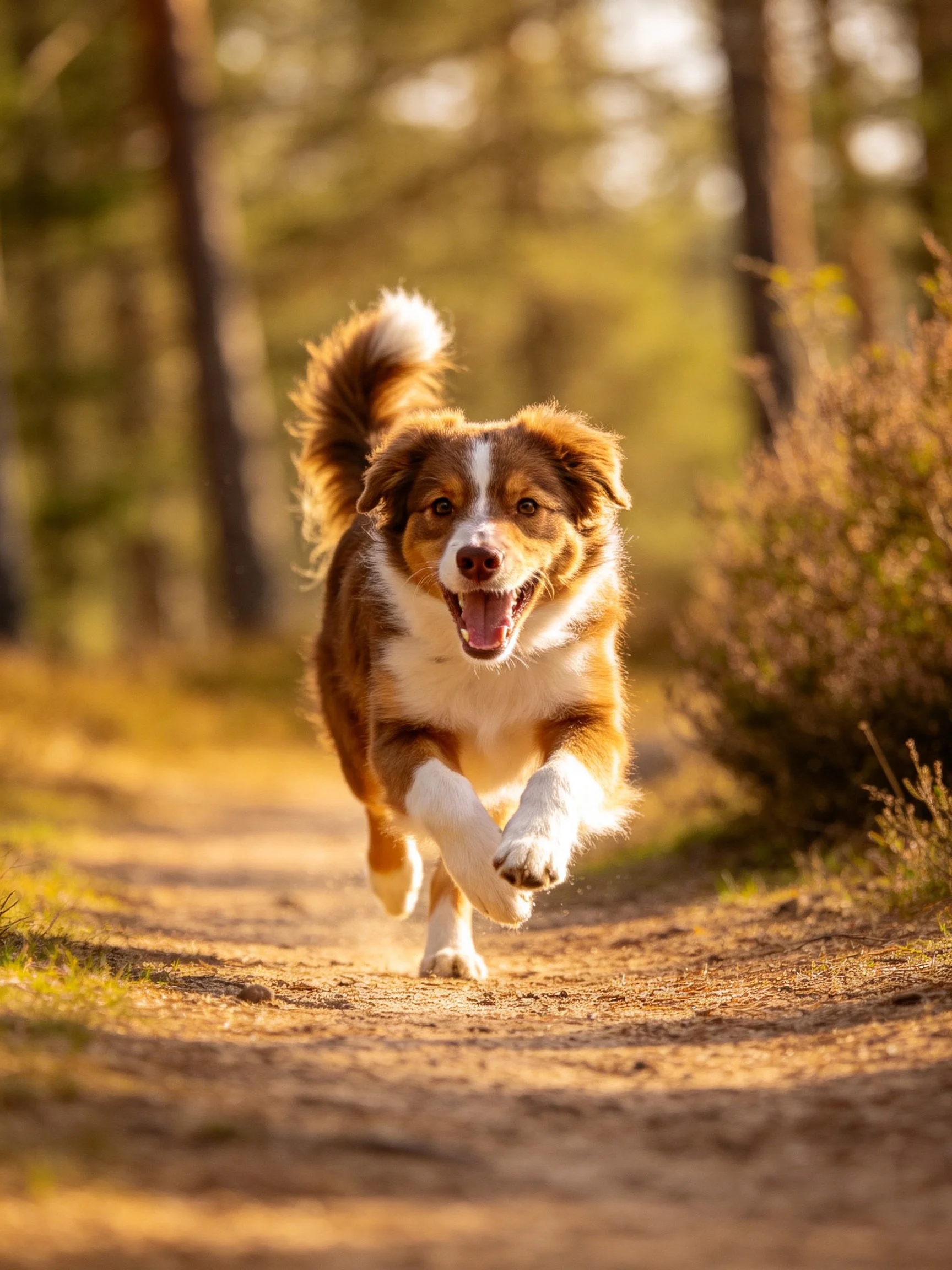 A brown and white dog runs energetically on a sunlit forest trail.