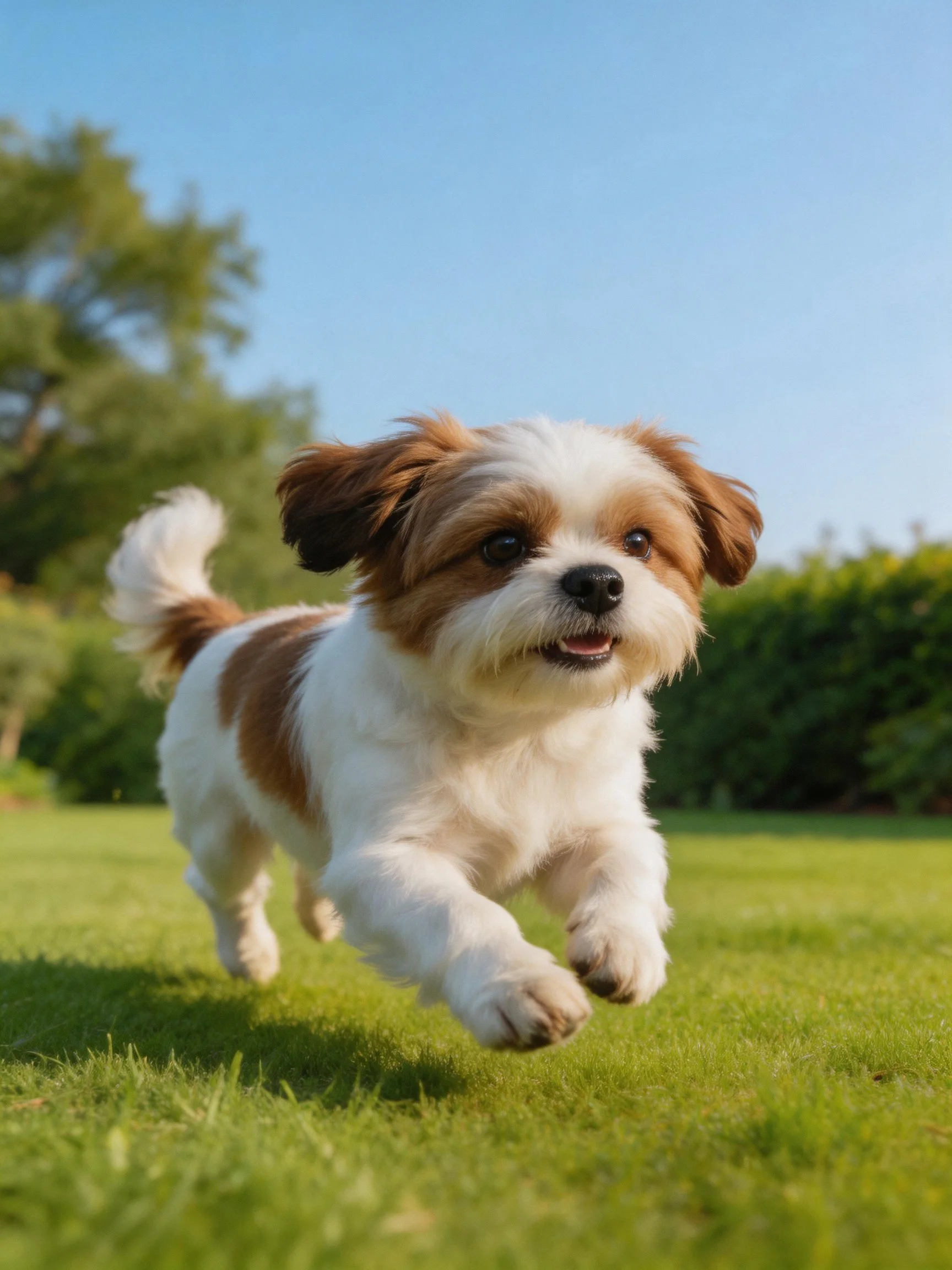 A brown and white dog runs energetically on green grass in a sunny outdoor area.