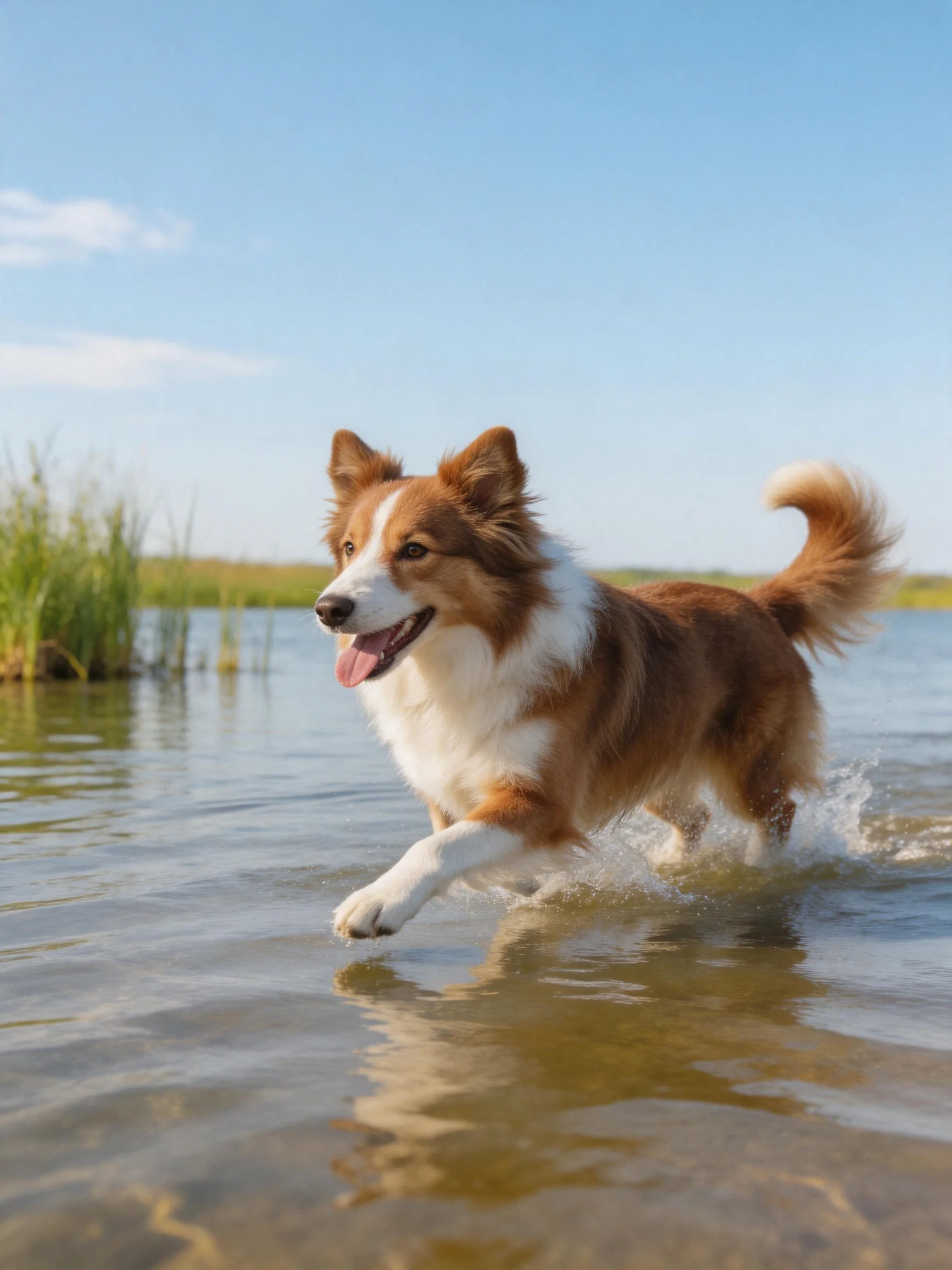 A brown and white dog runs joyfully through shallow water