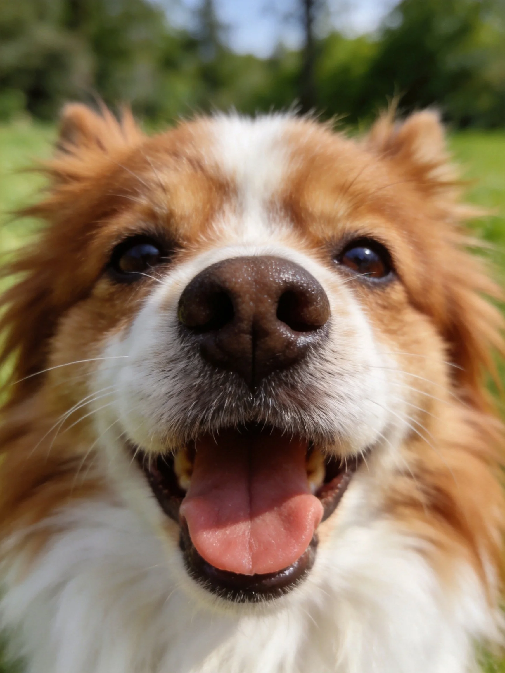 A brown and white dog joyfully smiles in an outdoor area.