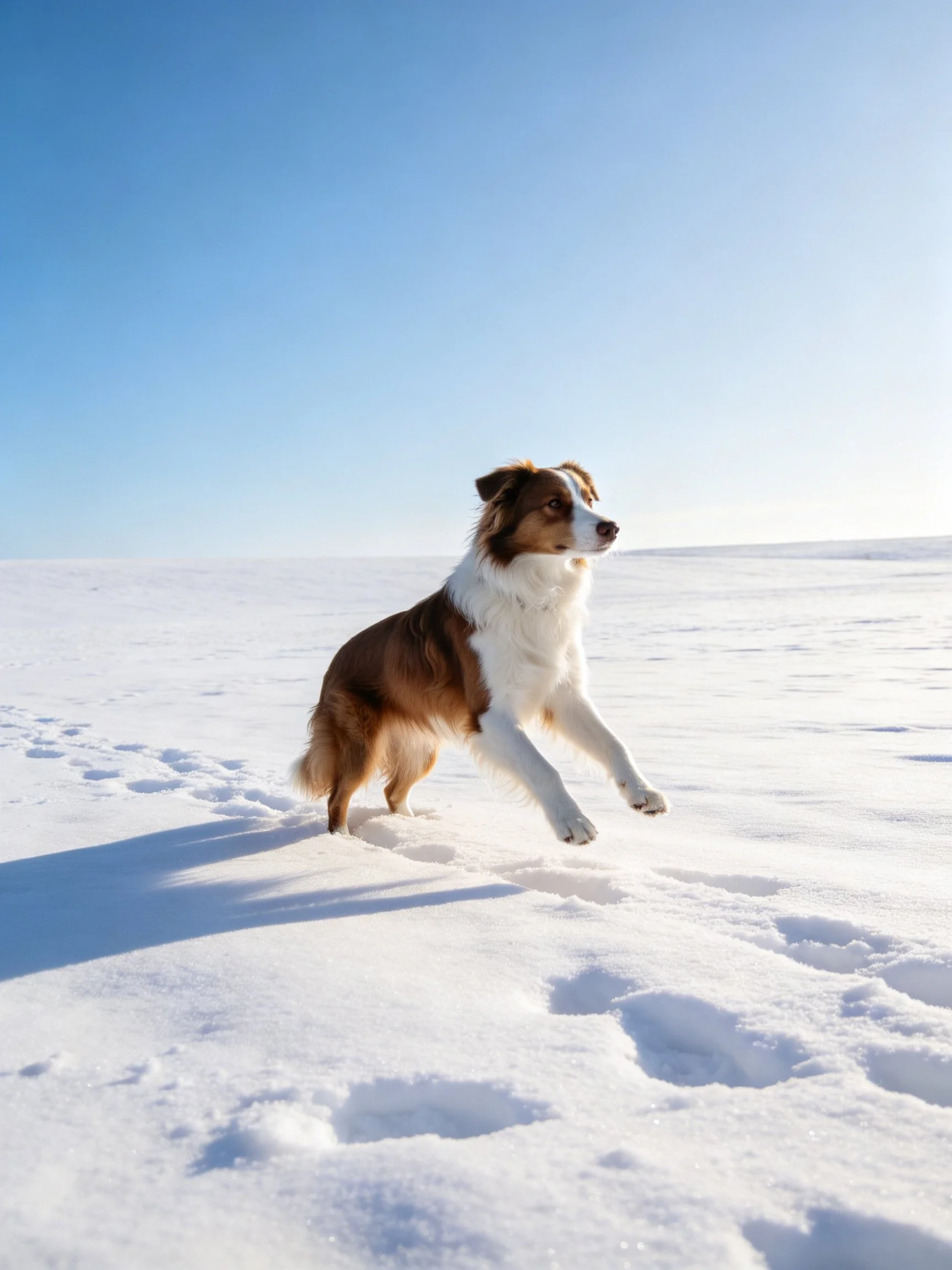 A brown and white dog leaps across a bright snowy plain