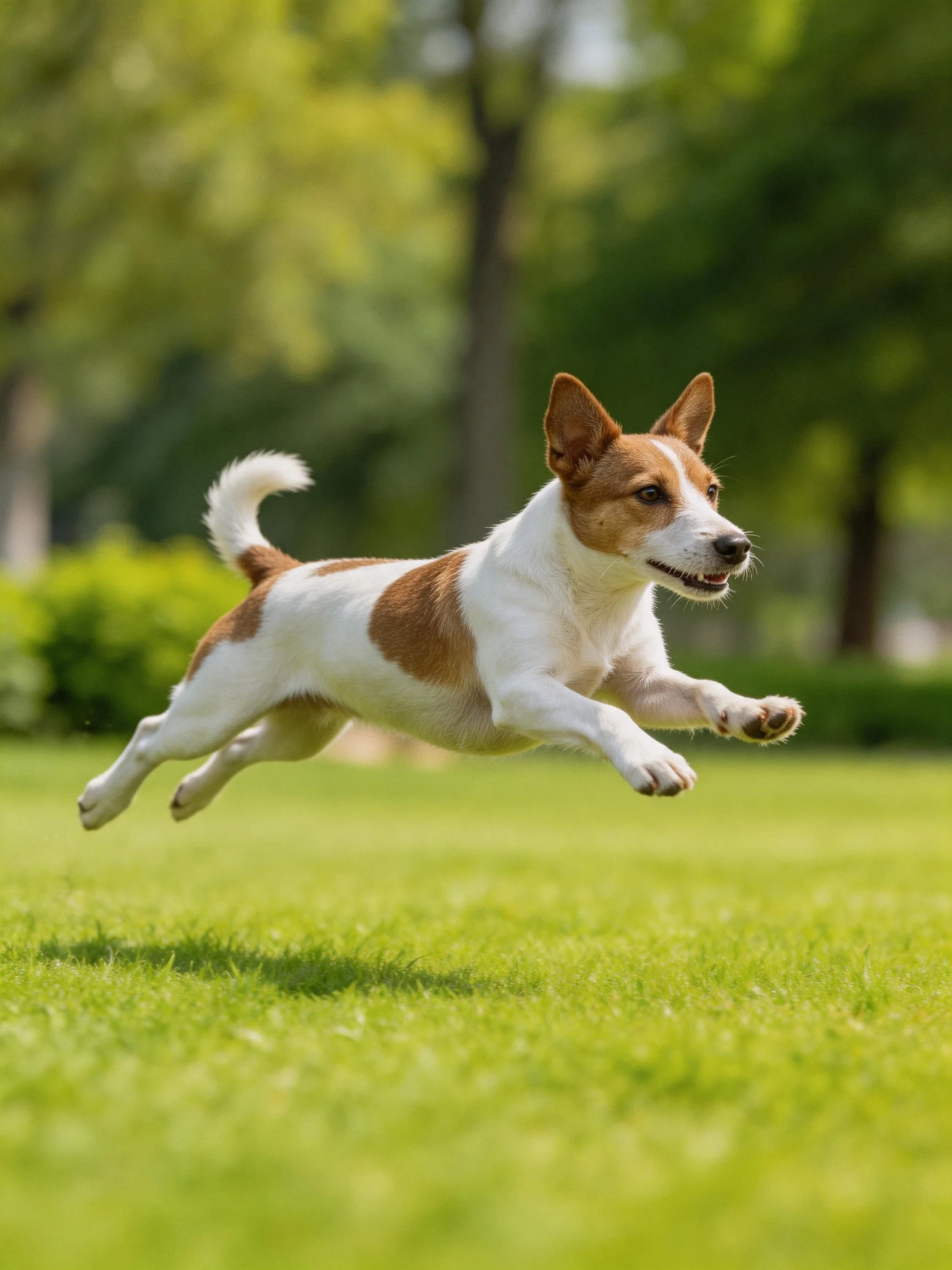 A brown and white dog leaps across a sunlit grassy field