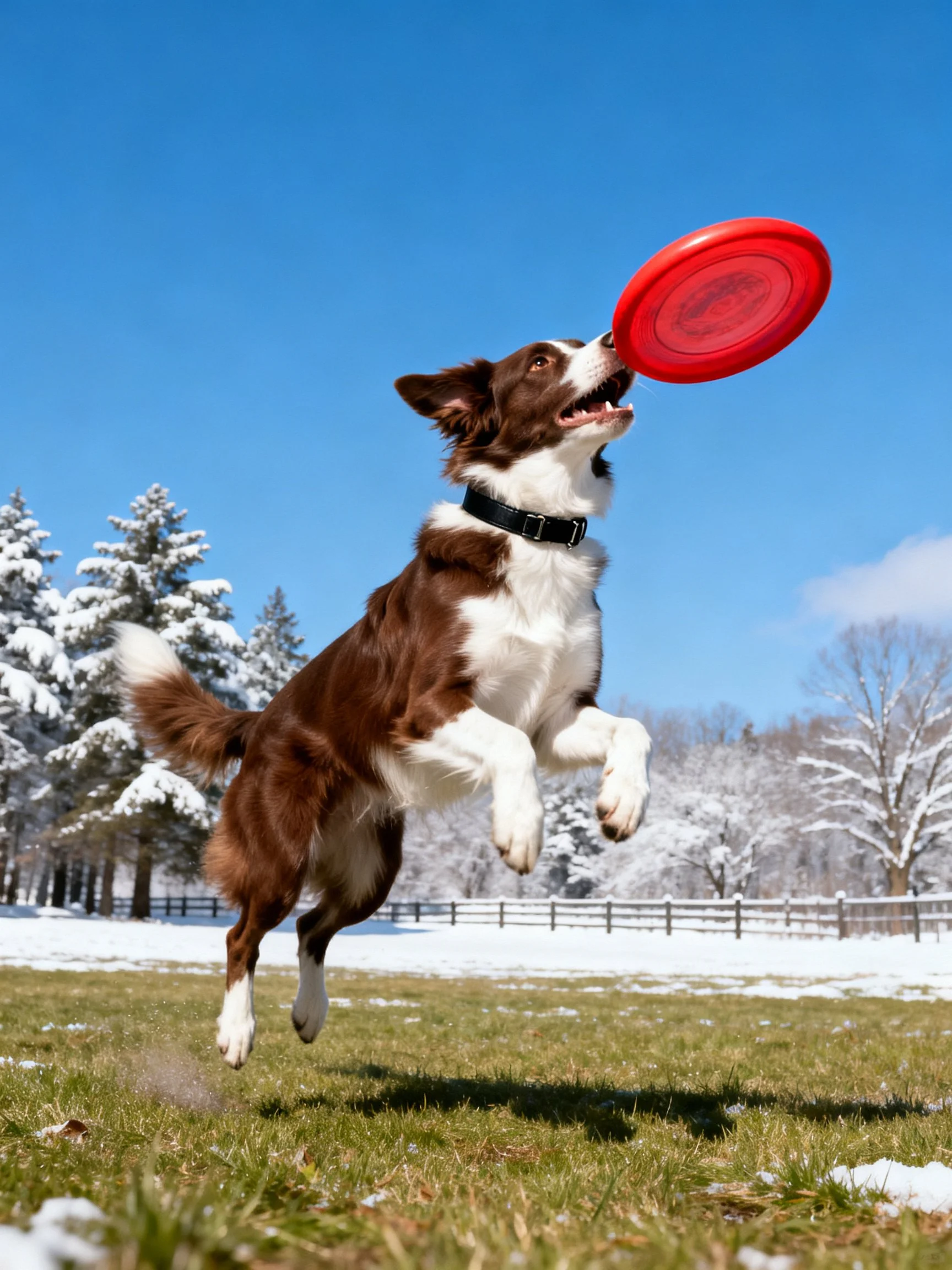 A brown and white dog jumps to catch a red frisbee in a snowy outdoor area.